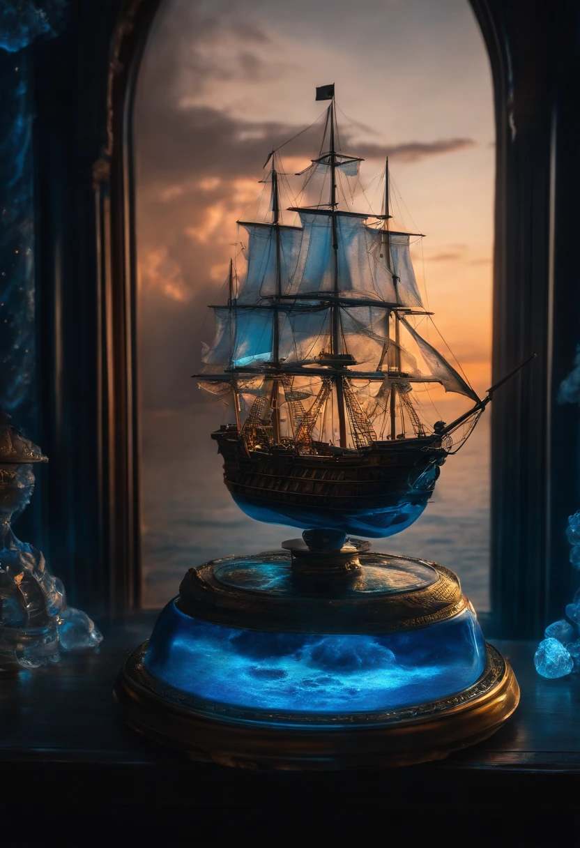 A perfume bottle，It is flanked by a translucent ocean of blue nebulae + Majestic pirate ship, Ethereal, Cinematic, The light from the back window is backlighted, Creepy art station trends, Ultra detailed, Matte painting, Photo, Arnold renderer --test --creative --upbeta