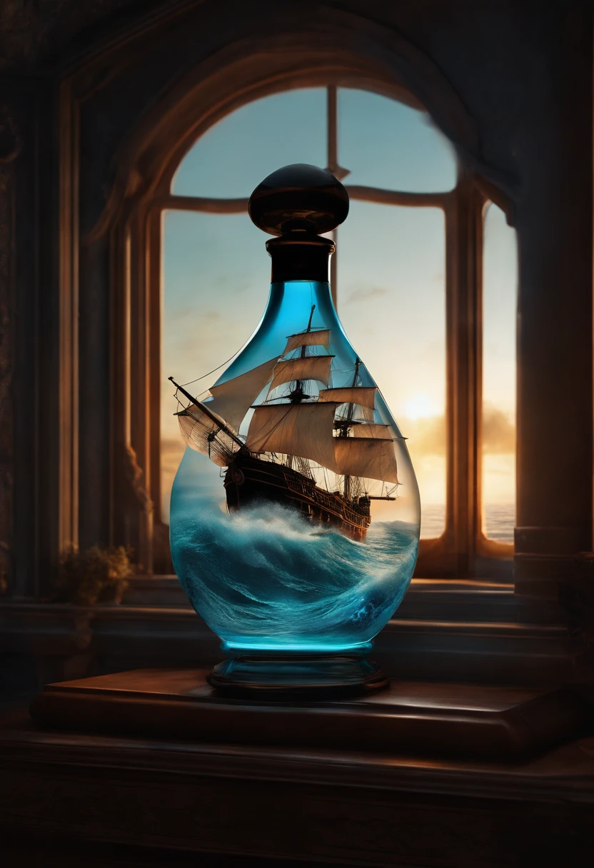 A perfume bottle，It is flanked by a translucent ocean of blue nebulae + Majestic pirate ship, Ethereal, Cinematic, The light from the back window is backlighted, Creepy art station trends, Ultra detailed, Matte painting, Photo, Arnold renderer --test --creative --upbeta