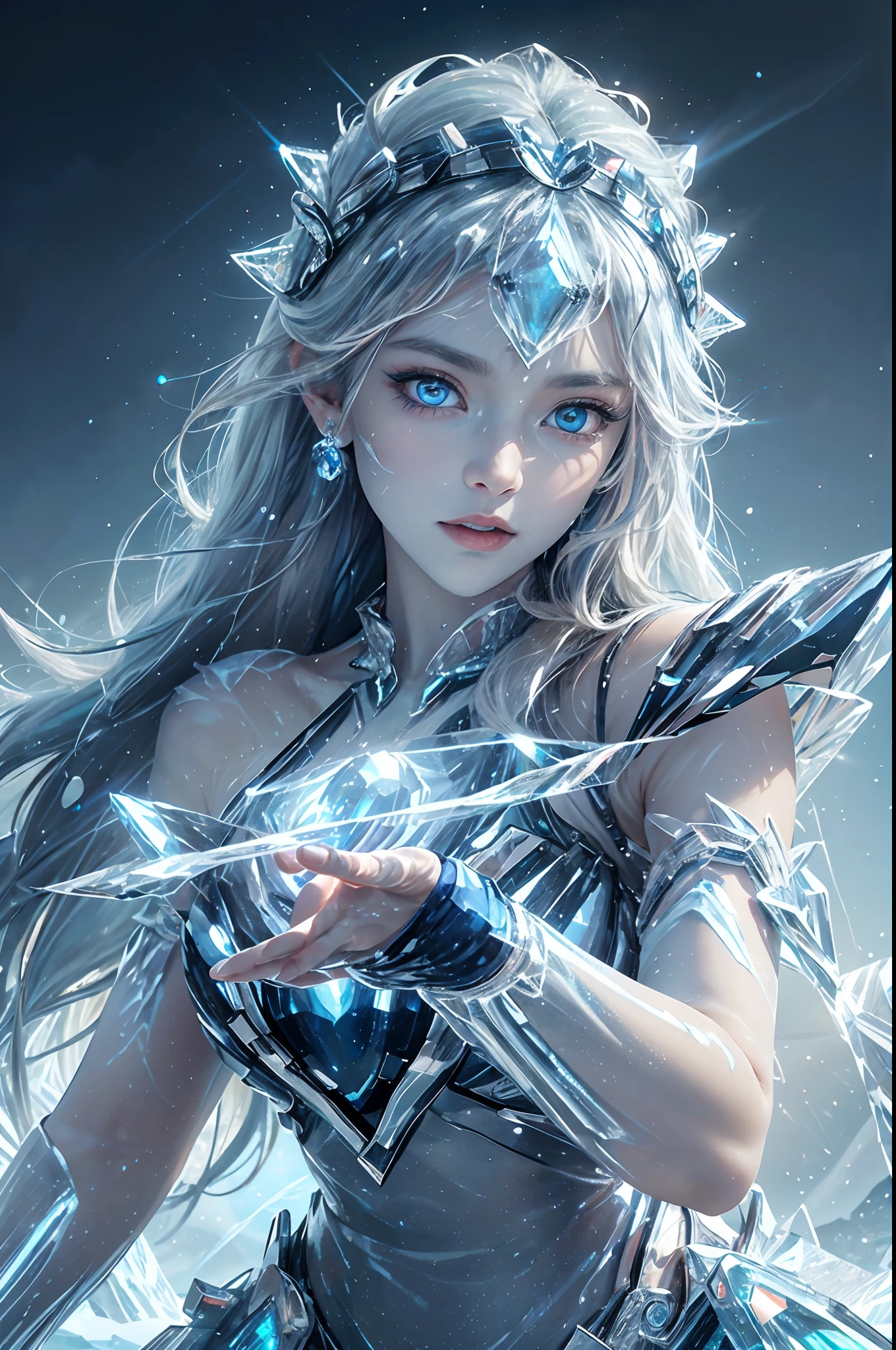 "(Masterpiece, Best Quality, Cinematic Lighting), (Extremely detailed CG Unity 16K wallpaper), Solo, 1 person, ethereal Ice Goddess, (finely detailed true circle Symmetrical eyes), (Eyes that glow icy blue in the dark:1.8), (A pair of deep blue eyes with strong sapphire light emitting from within:1.7), bioluminescence. Her eyes are the focal point, telling tales of ancient frosts and frozen realms. Chiseled features, a delicate face surrounded by frosty, shimmering white hair. In her right hand, she wields an intricate ice scepter, while her left hand conjures a powerful spell, freezing everything in its path.

She stands majestically on an endless ice plain stretching to the horizon, bathed in the warm golden glow of a setting sun. The vast expanse of ice reflects the radiant sun, casting brilliant light patterns across the landscape. A soft breeze, carrying whispers of old legends, gently rustles her flowing robes and hair, creating an ambiance of tranquil beauty."