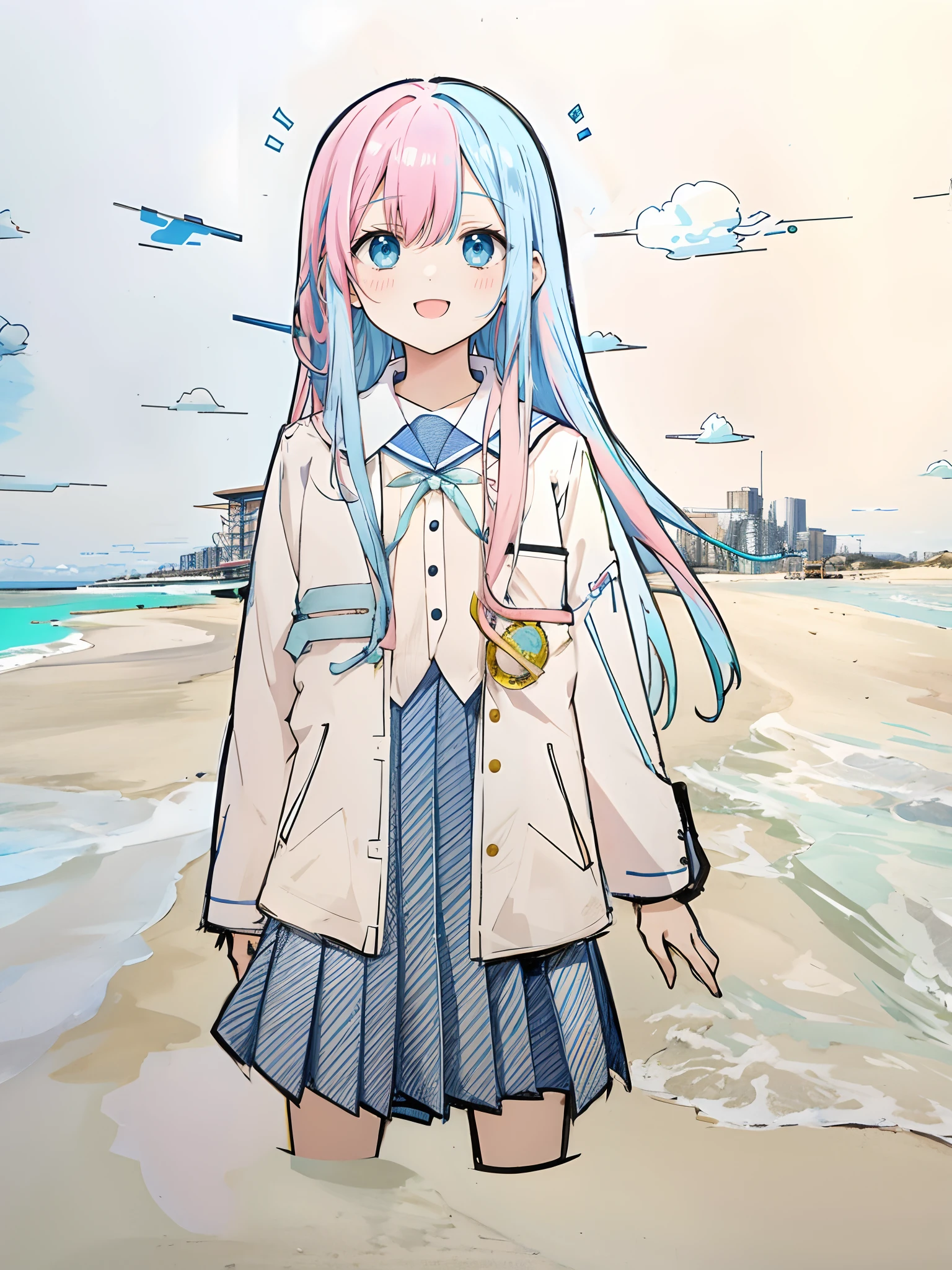 chromatically,Diagram with color,Pink long-haired age girl,By bangs,blue color eyes,JK school uniform,Happy expression,Blue sky and white clouds on the beach background