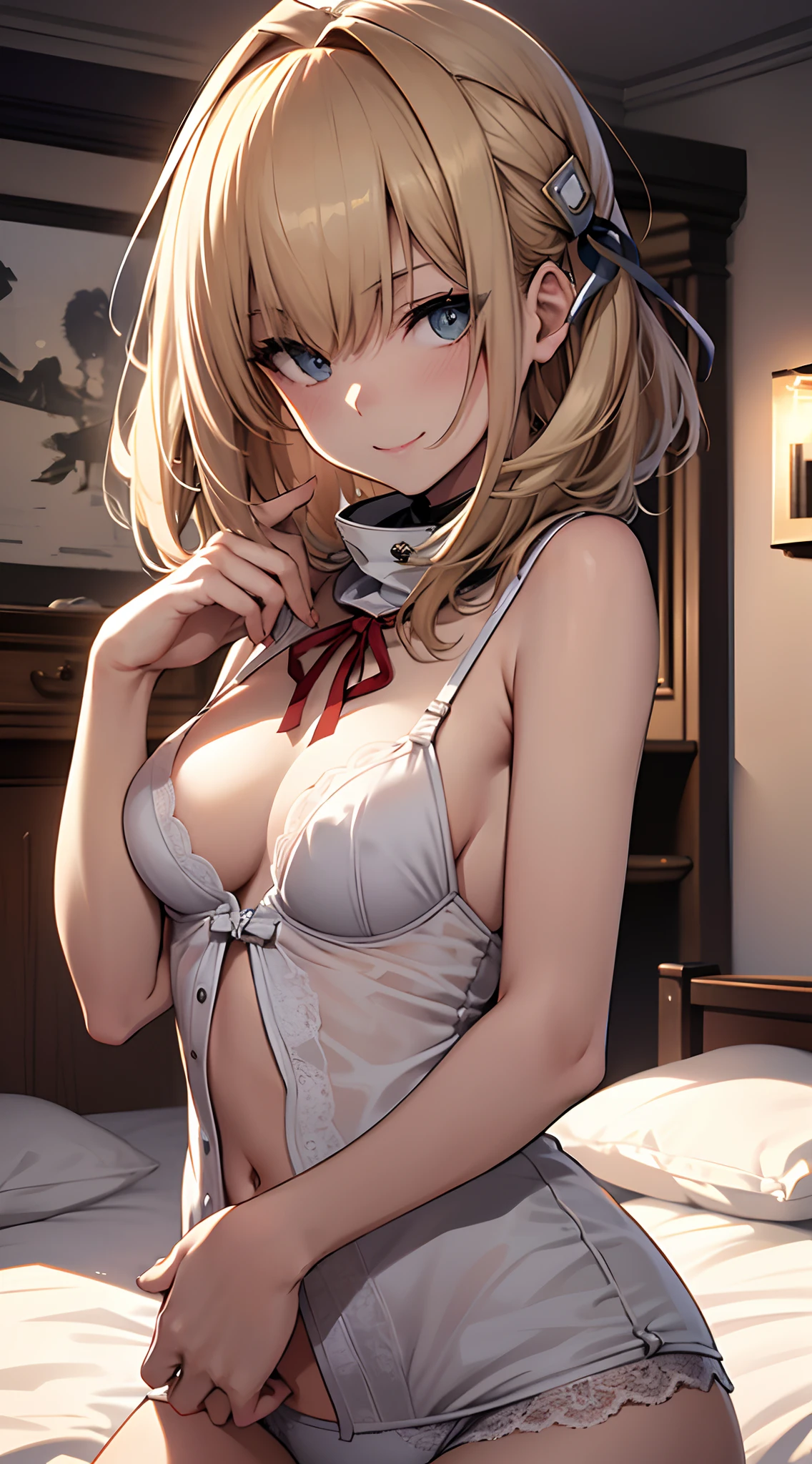 top-quality、1a person、in 8K、lineup,ultra-definition,Very dense, ((masuter piece:1.5)), ((High resolution)), ((Best Quality)), detail、Slender beautiful girl、 (A smile), (White underwear)、 girl with,, (a blond, a short bob、Red ribbon on one side)、sleep、fair white skin、((small tits、small tits))cinmatic lighting, perfectly shaded,(((a bed))), Realistic lighting with shades,