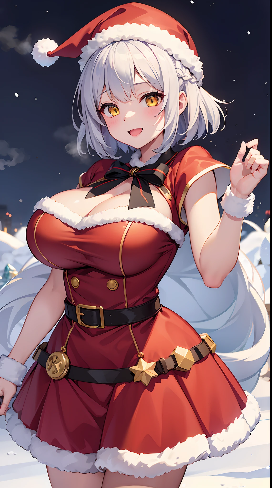 1 girl, game CG, mini Santa Claus costume, Santa Claus hat, gigantic breasts, silver hair, short hair, french braid, yellow eyes, smiling, snow, steam, night,dynamic,