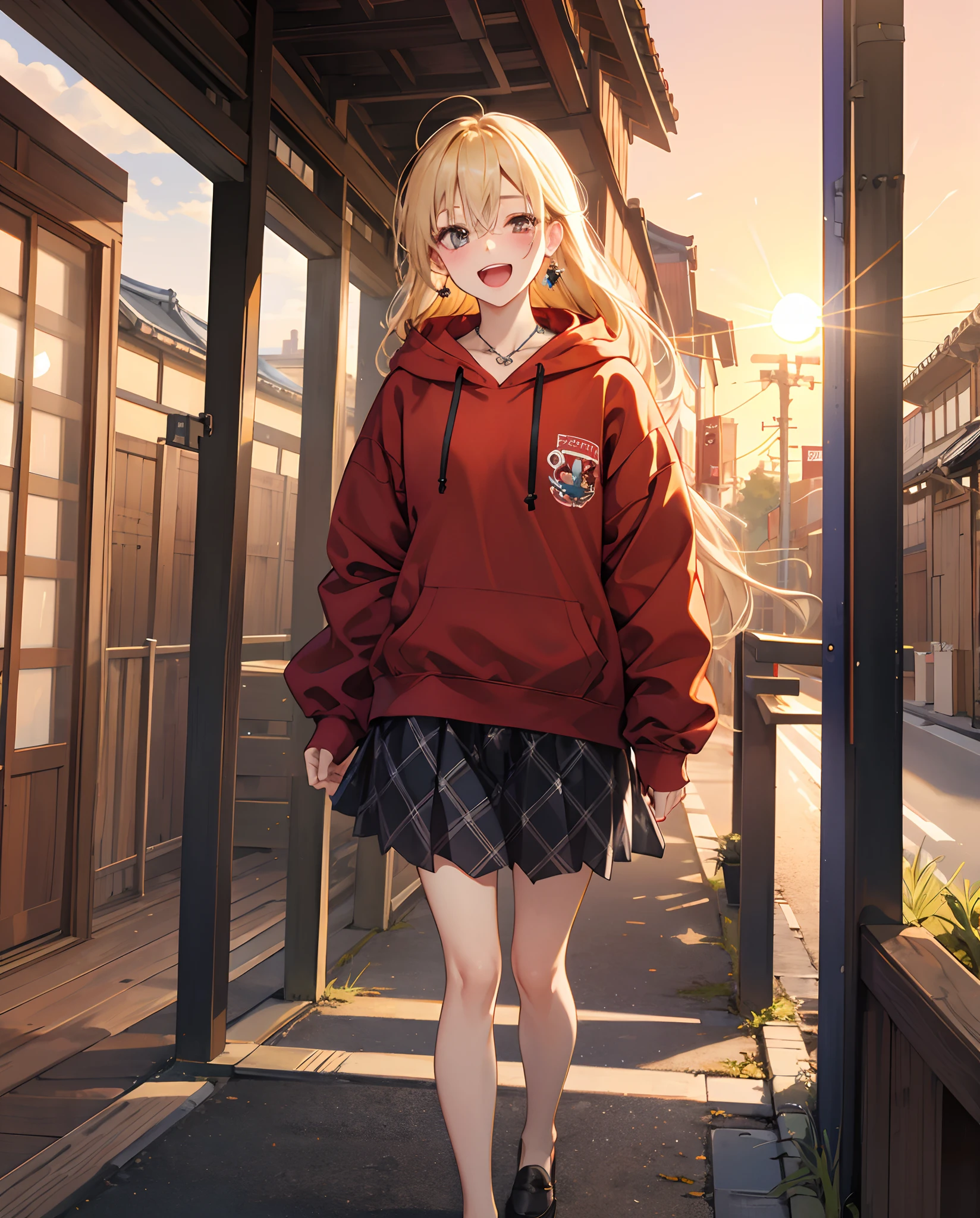 top-quality、Masterpiece、1womanl、独奏、22year old、(closing eye:1.4)、Opens mouth and laughs、 Looking at the camera、a blond、Red hoodie、White inner、Black loafers、Argyle check skirt、valley、blushing、Akame、early evening、Standing in the middle of the streets of Kyoto、Playing Banzai、Big sunset、Orange view、Small necklace、