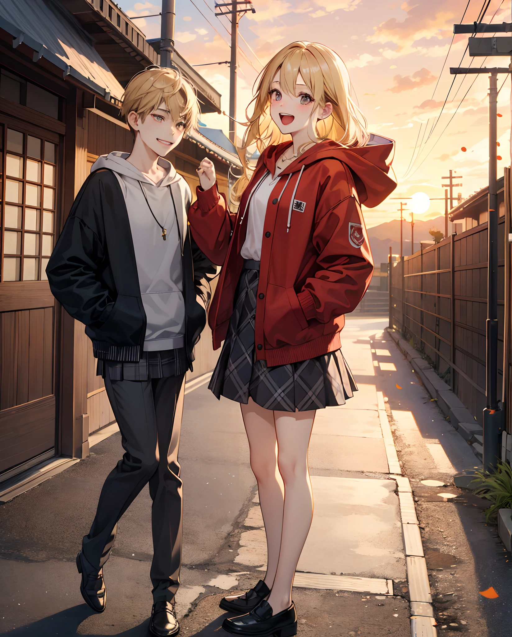 top-quality、Masterpiece、1womanl、独奏、22year old、(closing eye:1.4)、Opens mouth and laughs、 Looking at the camera、a blond、Red hoodie、White inner、Black loafers、Argyle check skirt、valley、blushing、Akame、early evening、Standing in the middle of the streets of Kyoto、Playing Banzai、Big sunset、Orange view、Small necklace、