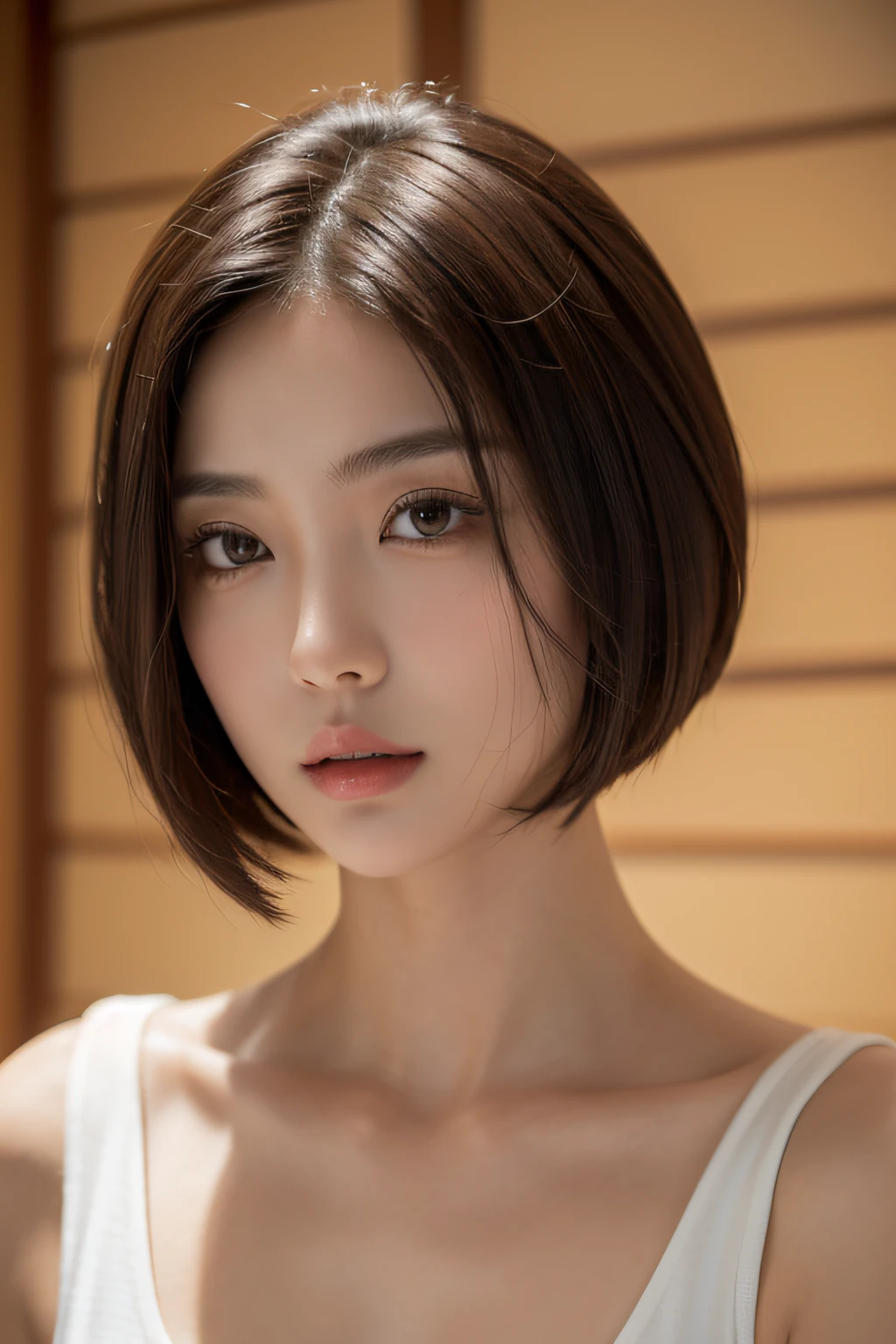 (top-quality,​masterpiece),(Japanese Models),(Very beautiful face,Left and right symmetrical eyes,A detailed eye),(so short hair,Brown hair),(Colossal tits),Standing Letter,Fold your hands behind your head,