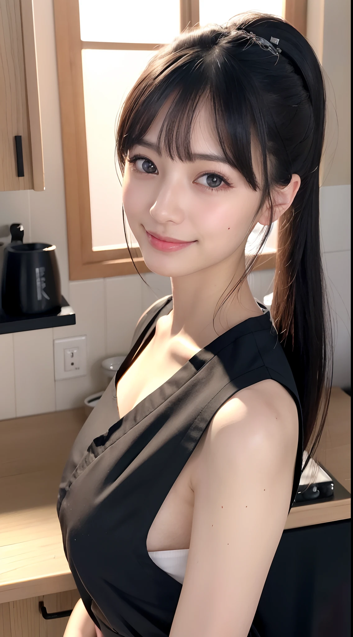 (masutepiece:1.3), High resolution, ultra-detailliert, Very detailed CG Unity 8K wallpaper, Realistic, Photorealsitic, Raw photo, beautifull detailed face, pale skin, Realistic glitter skin, Detailed Cloth Texture, detailed hair texture, Beautiful face, acurate, Anatomically correct, Highly detailed facial and skin texture, Natural neck length, (Fair skin:1.2), 独奏、A dark-haired、⦅High ponytail⦆、With bangs、Japan Female, 25 years old、A detailed eye,Harajuku、Cute realistic photos,⦅smile1.6⦆Looking at the camera、middlebreasts 、Apron、Kitchen Studio、