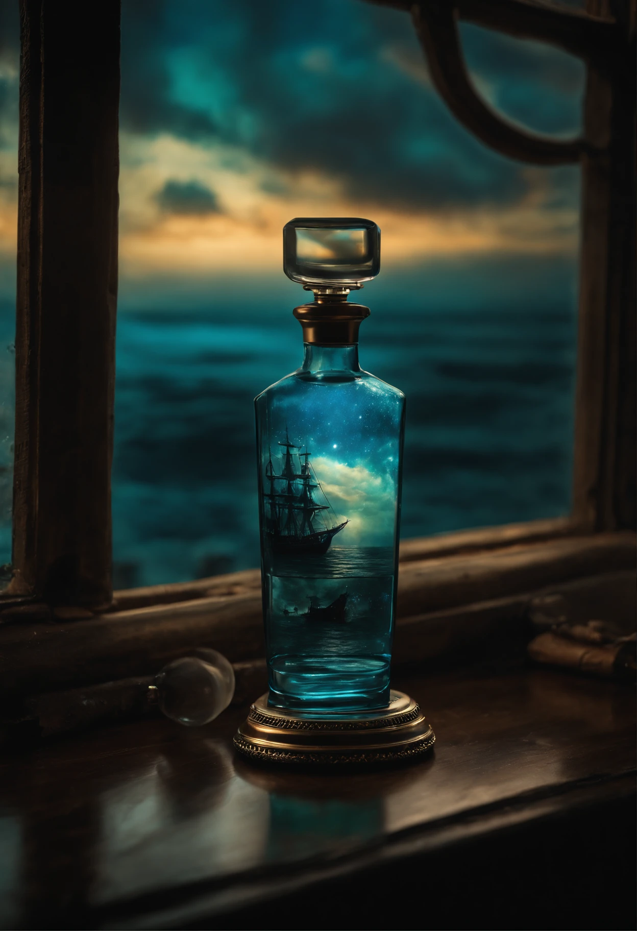 A perfume bottle,It is flanked by a translucent ocean of blue nebulae + Majestic pirate ship, Ethereal, Cinematic, The light from the back window is backlighted, Creepy art station trends, Ultra detailed, Matte painting, Photo, Arnold renderer --test --creative --upbeta