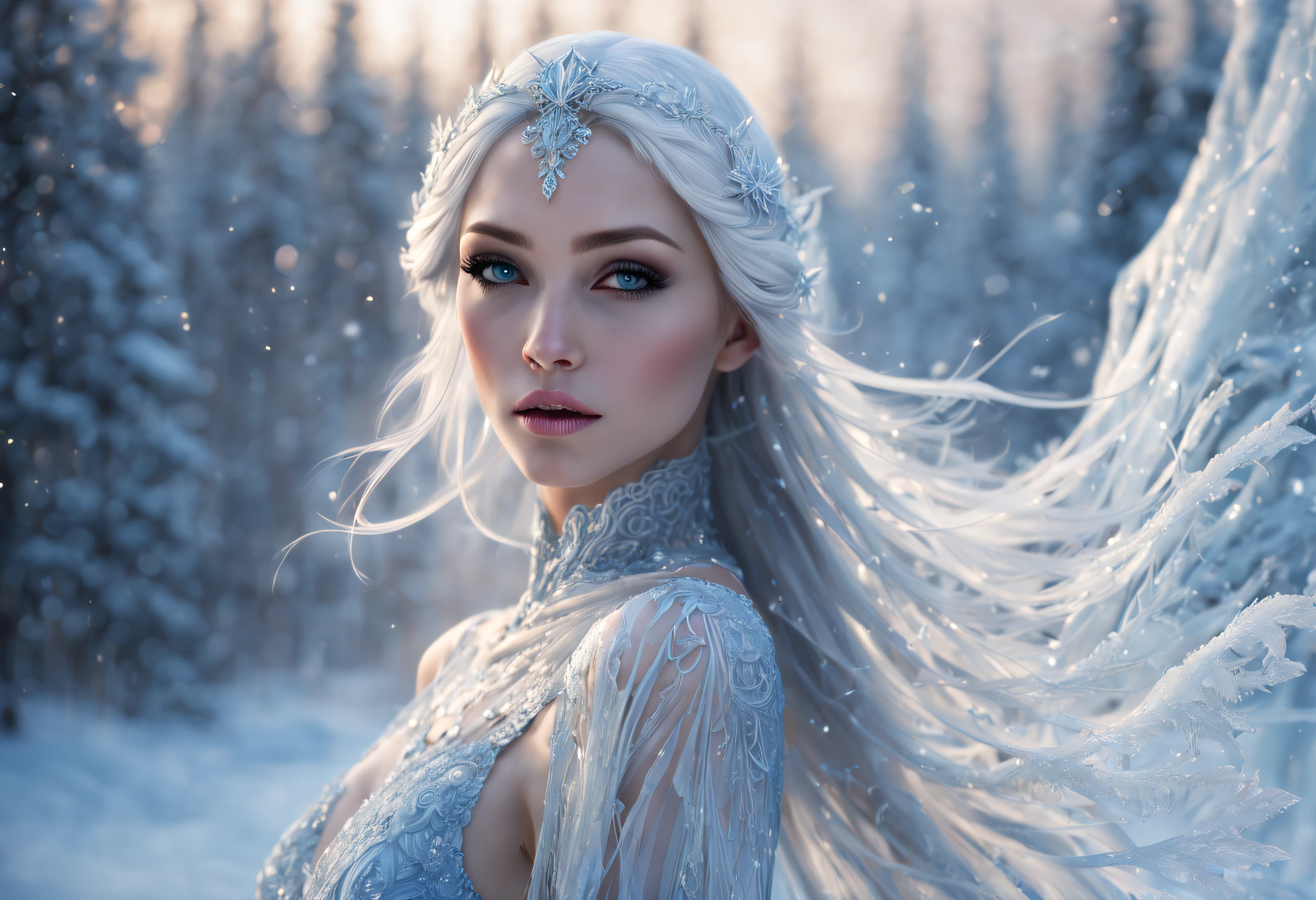 (best quality, 4k, 8k, high resolution, masterpiece: 1.2), ultra detailed, (realistic, photorealistic, photorealistic: 1.37), icy ice goddess, crystal skin, icy blue eyes, flowing silver hair, diaphanous dress made of ice shards, delicate frost patterns on the skin, ethereal beauty, supernatural aura, elegant frozen pose, magical ice crystals surrounding her, powerful yet serene expression, sparkling icicles in the background, subtle glow from within, the goddess of winter and Beauty, fascinating and captivating presence, blue-white color palette, ethereal and dreamy lighting, sparkling ice particles in the air.
