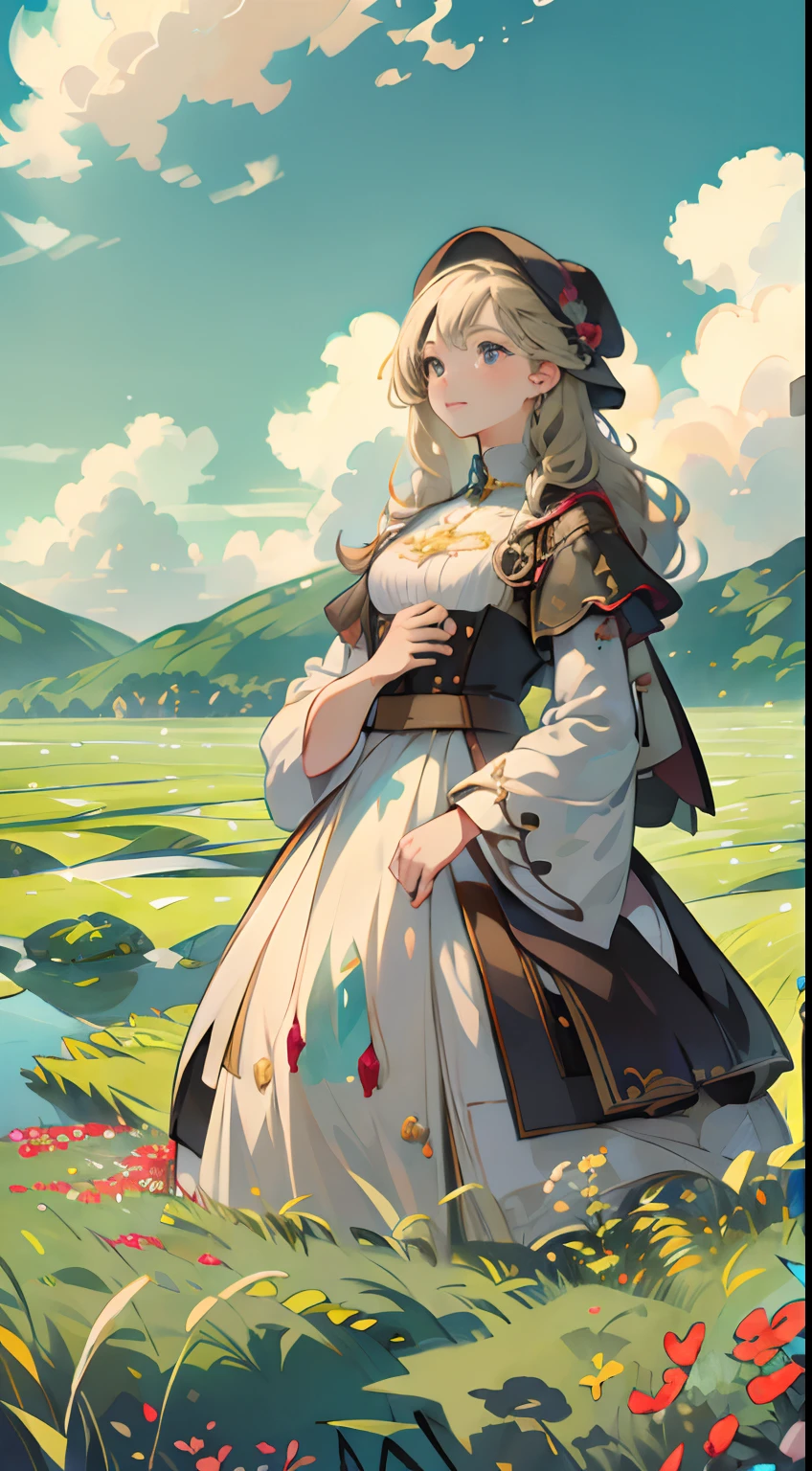 Fresh painting style，In the wheat field，girl with，Keep hands away from sunlight，Bright sky，Looking Up，Anime characters，ultra - detailed，Highly realistic，tmasterpiece，8K，hyper HD，
