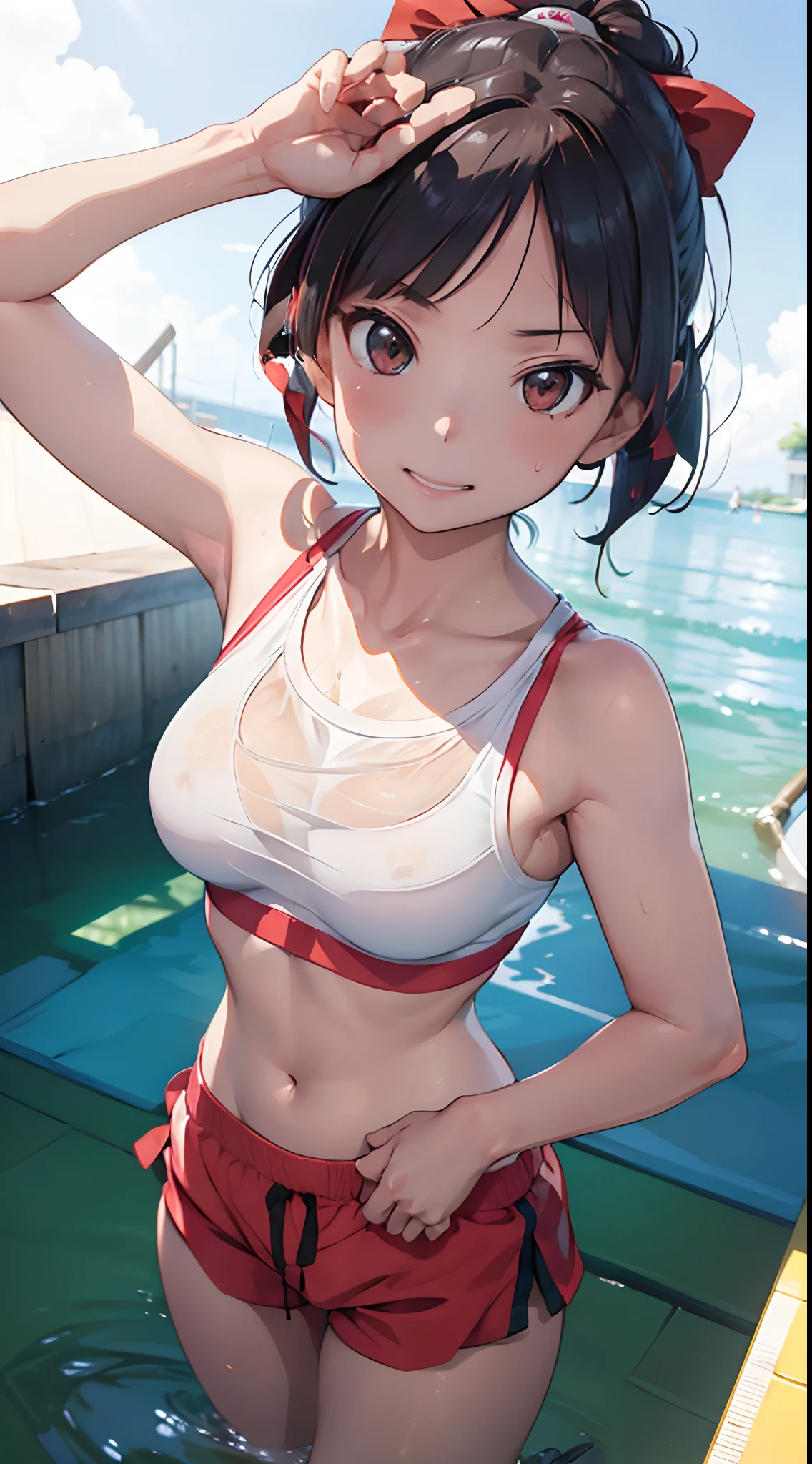 One lady,,japanes,(((White Sports Bra,Red shorts))),Full body portrait,,Wet with sweat,A smile,,((()))High quality, detail, Depth and finesse。stares at the camera。Use of fisheye lenses、Beast hairstyle ban、Maintain finger shape、impact-resistanthigh-quality, detail, Depth and 3D effects。Worthy of 16k wallpapers。The texture of the material changes.、Realistic expression.。Official art。Natural light,((Realism: 1.2)), dynamic far view shot,Cinematic lighting, Perfect composition, by sumic.Has a small, ultra-detailliert, Official art, masutepiece, (Best Quality:1.3), glint, Highly detailed CG Unity 16K wallpaper, Detailed background, masutepiece, Best Quality, (masutepiece), (Best Quality:1.4), (超A high resolution:1.2), (hyper realisitic:1.4), (Photorealistic:1.2), Best Quality, High quality, hight resolution, Detail Enhancement,((())((()))