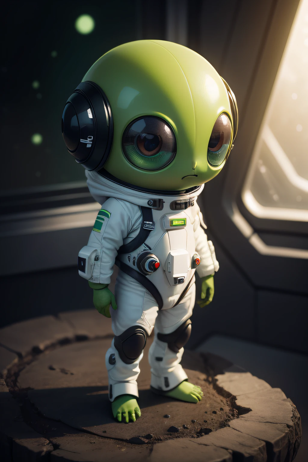 Construct the image of a little alien with green skin and big eyes，It's lovely，Looks like an explorer，Wearing a white spacesuit，，are standing，villain