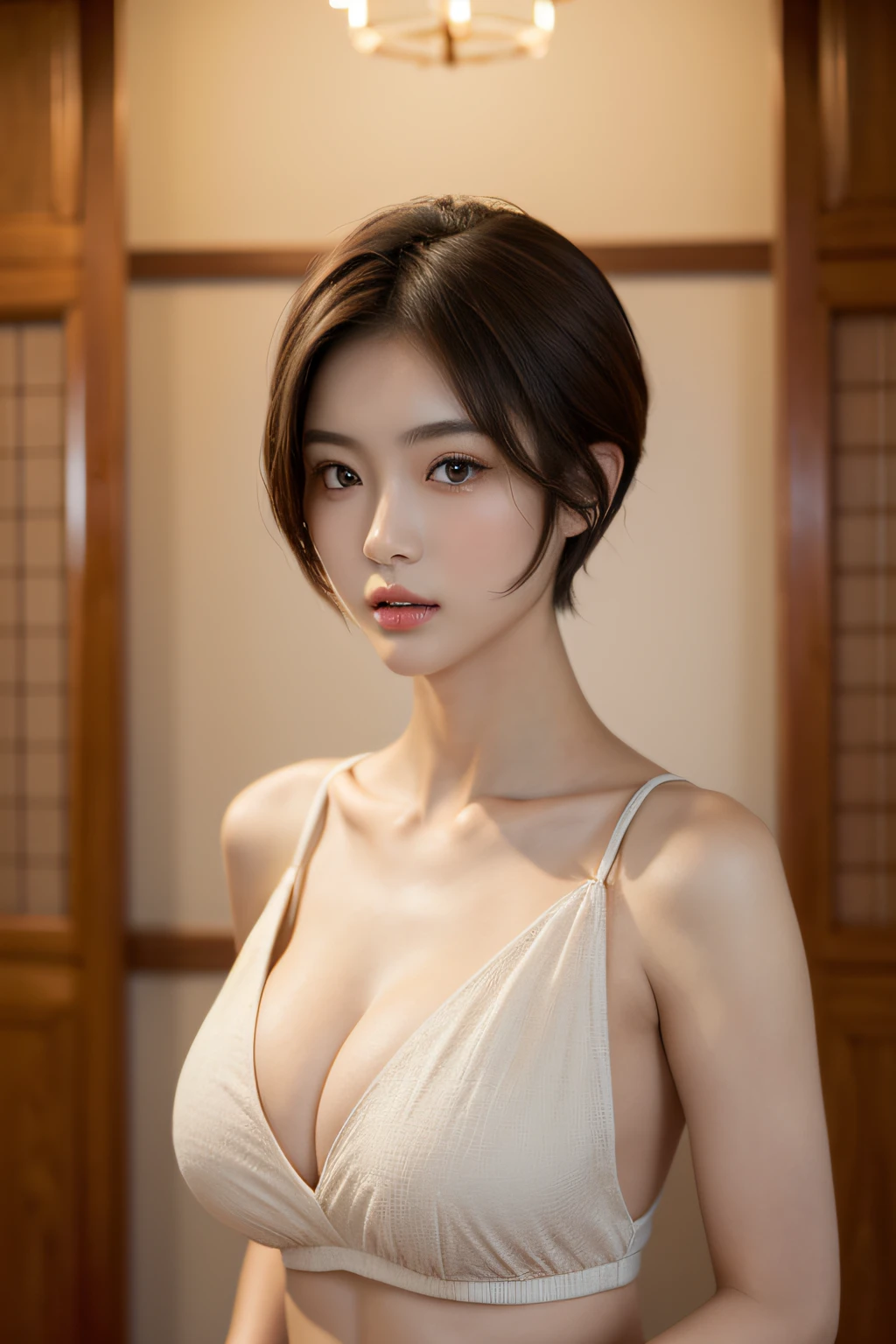 (top-quality,masterpiece),(Japanese Models),(Very beautiful face,Left and right symmetrical eyes,A detailed eye),(so short hair,Brown hair),(Colossal tits),Standing Letter,Put your hands on your chest,