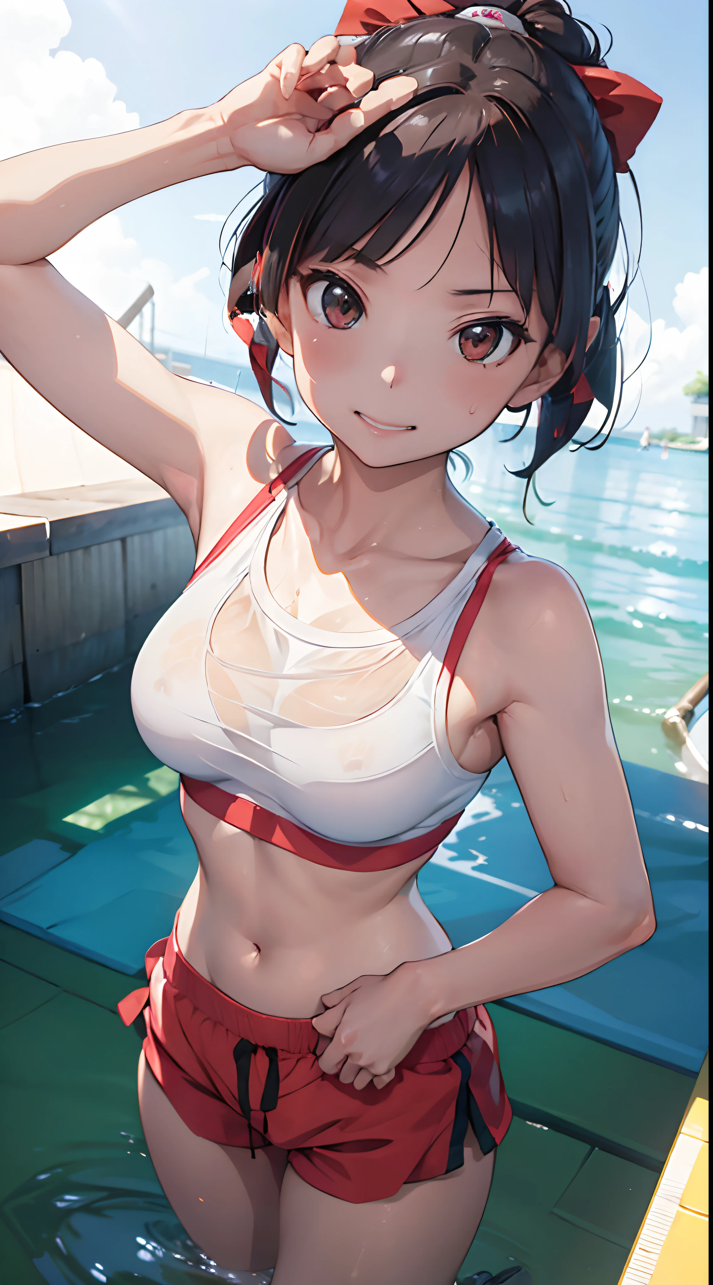 One lady,,japanes,(((White Sports Bra,Red shorts))),Full body portrait,,Wet with sweat,A smile,,((()))High quality, detail, Depth and finesse。stares at the camera。Use of fisheye lenses、Beast hairstyle ban、Maintain finger shape、impact-resistanthigh-quality, detail, Depth and 3D effects。Worthy of 16k wallpapers。The texture of the material changes.、Realistic expression.。Official art。Natural light,((Realism: 1.2)), dynamic far view shot,Cinematic lighting, Perfect composition, by sumic.Has a small, ultra-detailliert, Official art, masutepiece, (Best Quality:1.3), glint, Highly detailed CG Unity 16K wallpaper, Detailed background, masutepiece, Best Quality, (masutepiece), (Best Quality:1.4), (超A high resolution:1.2), (hyper realisitic:1.4), (Photorealistic:1.2), Best Quality, High quality, hight resolution, Detail Enhancement,((())((()))