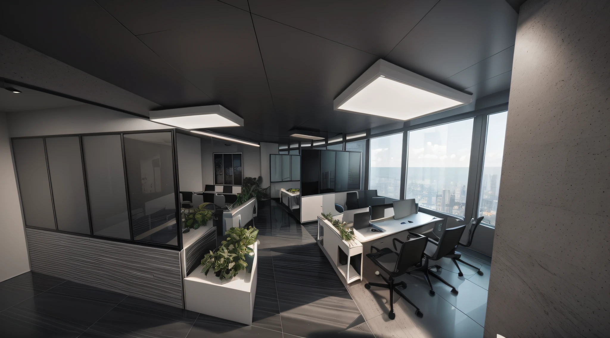 photo realistic, hd high res ultra high quality view ,white wall, white ceiling, high quality dark grey tiles, Clear glass, metal black frame around glass, metal black frame ,planter, office chair, laptop with mouse, wooden rack, white column,wooden partitions, green plants, Glass top for the table, perfect composition, beautiful detailed intricate insanely detailed octane render trending on attestation, 8 k artistic photography, photo realistic concept art, soft natural volumetric cinematic perfect light, chiaroscuro, award - winning photograph, masterpiece, 3d rendering, front view plan, realistic,hyper realistic, intricate detals,hd details,128k,(sharp lines)(use vivid multi dark colors)(3d rendering)((dark grey tiles floor))