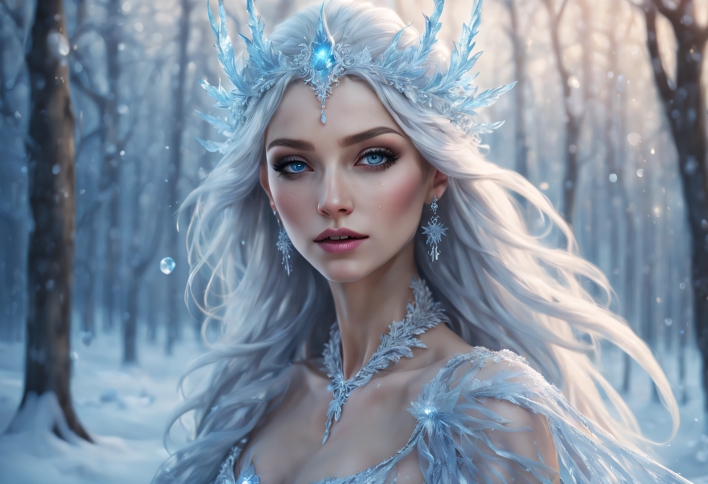 (Numerous award-winning masterpieces of, With incredible details, textures and maximum detail), (Full body view:1.8), (Ultra photo realsisim:1.4), (Realistic:1.3), (best quality real texture skin), (Fine true circle Symmetrical eyes), finerly detailed face, ((medieval world)), ((The Lord's Ice Demon)), ((The lord's icy cold extreme cold demon)), (Burning bright and cold eyes), (She has a mischievous smile on her face), (Eyes that glow blue in the dark:1.5), (Full body view:1.5), (A pair of ice blue eyes,Intense blue light is emitted from the inside:1.5), (Swirling ice and strong wind in the background), (Dramaticlight), (A majestic sight), (Her countenance is gentle and beautiful, but somehow terrifying), Glass earrings on the ears, (Full body view:1.5), (Great Temple of Ice, Great Ice Temple, Great ice cathedral, Icy temple ruins, Separate Ice Temple), (Full body view:1.5), (Dramatic photo:1.4), (dramatic pose), (Golden hair), (Silver hair), (maroon hair), short detailed hair, ((head looking up)), ((Looking down)), (Around her neck is a simple necklace of exquisite workmanship), (Bio-luminescence,Brilliant light:1.3), (Use gorgeous icy magic:1.3), (Swirling snow and ice), (Luminous magic circle:1.5), Ancient Castle Site, Shining majestic cloud masses and sky, salama, epic realistic, Faded, Girly art, (greg rutkovsky:0.8), (Teal and orange:0.4), (Art Station:1.5), Cinematic, ((com cores neutras)), (hdr:1.5), (pastel colour:1.2), ultra - detailed, Dramaticlight, (Intricate details:1.1), the complex background,