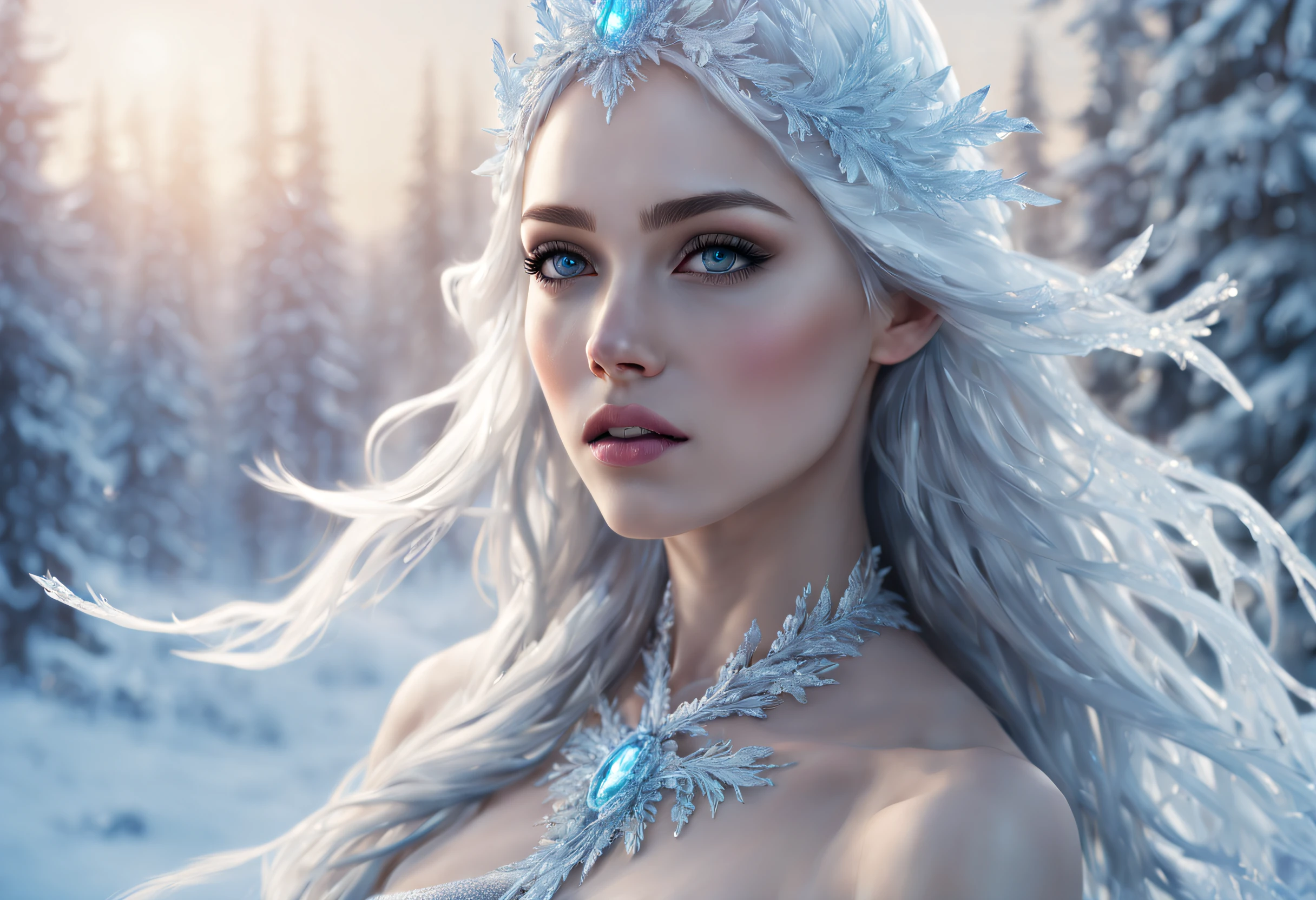 (best quality, 4k, 8k, high resolution, masterpiece: 1.2), ultra detailed, (realistic, photorealistic, photorealistic: 1.37), icy ice goddess, crystal skin, icy blue eyes, flowing silver hair, diaphanous dress made of ice shards, delicate frost patterns on the skin, ethereal beauty, supernatural aura, elegant frozen pose, magical ice crystals surrounding her, powerful yet serene expression, sparkling icicles in the background, subtle glow from within, the goddess of winter and Beauty, fascinating and captivating presence, blue-white color palette, ethereal and dreamy lighting, sparkling ice particles in the air.