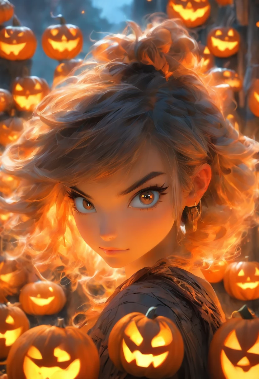 Close-up of a girl with a bat on her shoulder,（Bats and jack-o'-lanterns：1.37），Halloween， Realistic fantasy artwork, hyperrealistic fantasy art, Realistic fantasy illustration, Fantasy art style, 8K high quality detailed art, 4K fantasy art, , Epic fantasy art style, amazing fantasy art, Fantasy art Behance, realistic fantasy painting