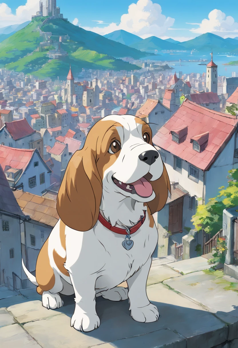 Petit Basset Griffon Bandane The body of the dog is white The color of the dog's ears and tail has a gray color European-style cityscape Mountains behind々The slope that can be seen