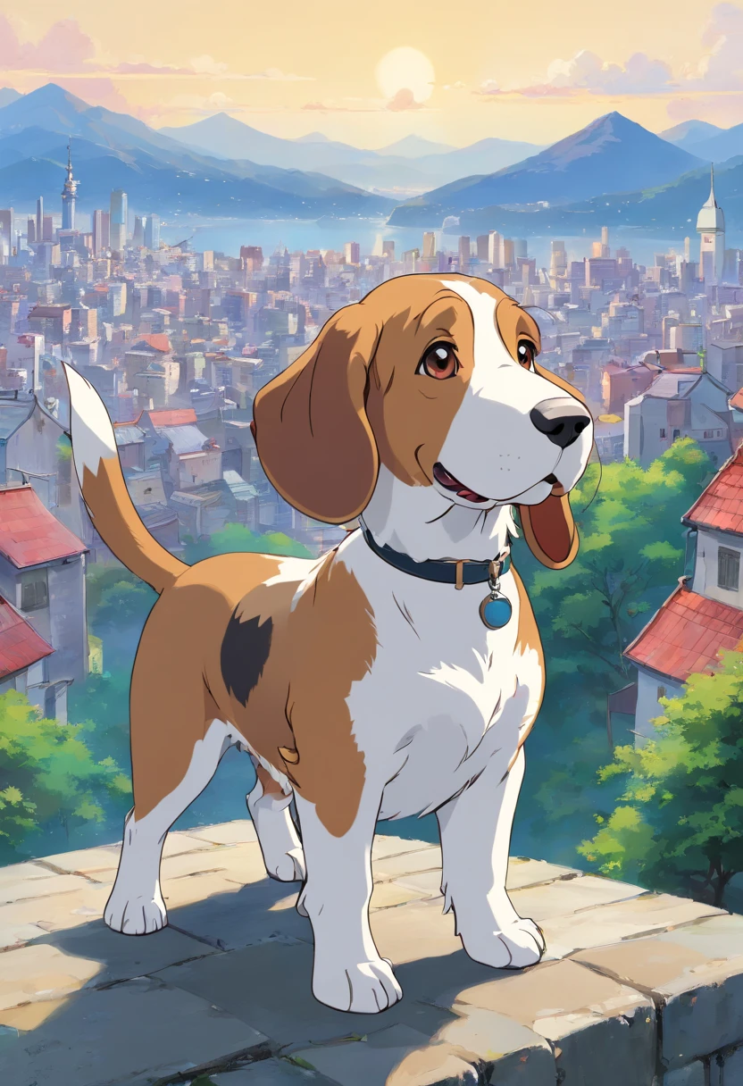 Petit Basset Griffon Bandane　The body of the dog is white　　The color of the dog's ears and tail has a gray color　European-style cityscape　Mountains behind々The slope that can be seen