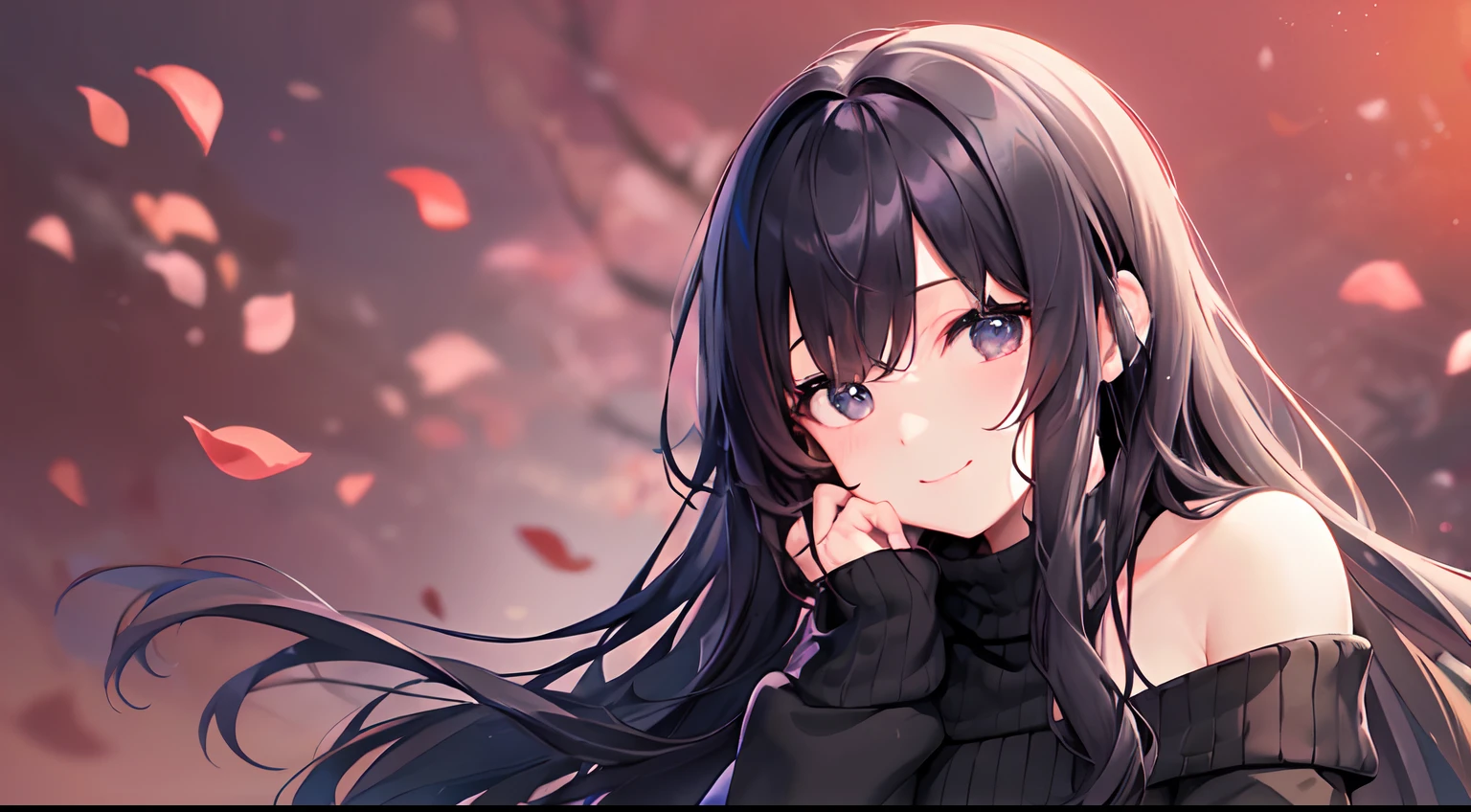 ((Chest Opening Turtleneck Off Shoulder Sweater)) 、 Long black hair with slightly wavy hair、Black eyes、４ｋpicture quality、Superlative quality、（（Top-notch image quality））、Neat and clean girls、beautiful a girl、Anime image quality、Erotic look、Ero、Full body image display、 s、Only one girl、((cute smile face))、