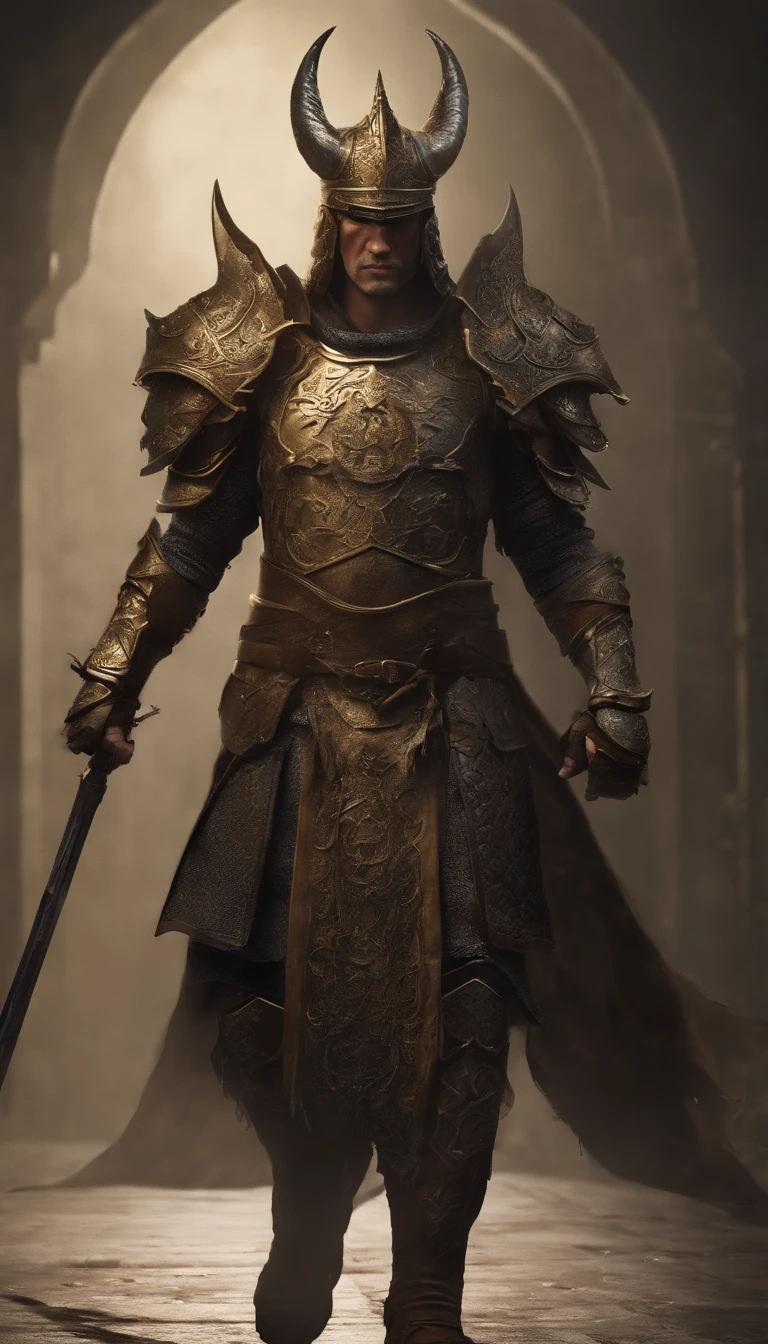 warrior, concept-art, author:Kishiganku, Fantasy art, Zen temple background, clean render, a horned, Wear a set of armor, Detailed bushido form smoke, helmet of a forgotten deity, character is standing, 8k Realistic, in game render, detailed face background detail, Art station front page, taur, Pseudo-medieval fantasy, A deity wearing koi armor, detailed bronze armor, Bronze armor, golden etched armor, gold obsidian armor, Light gold armor, Gorgeous filigree armor, A demonic warrior, Gorgeous armor full of thorns, Intricate assasin armor, Intricate metal armor, powerful warrior, Dressed in gorgeous golden armor,Decorated with intricate patterns, The helmet has a large crown and two horns, Everything is in the dark, The smoky background alludes to battle scenes, Add an ominous aura to his character,Huge demon wings of demons,submission, Full body shot, ray tracing, ray gold,