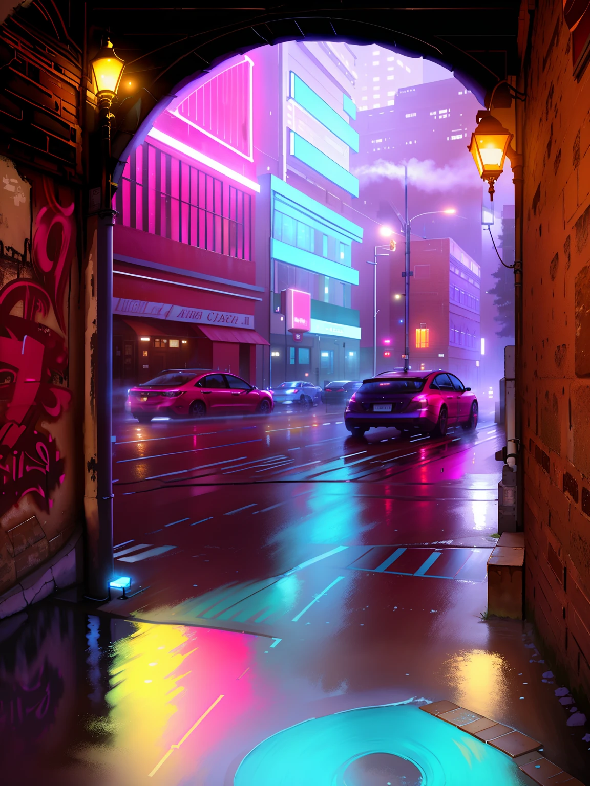 Image of an arched staircase, sluice, gloomy atmosphere, Cars driving down the city street at night in the rain, Brick walls with graffiti, Dirty Street, neon street lights, Neon Acid Signs, Fog creeps on the groundShabby brickwork, cracks, Overcast and foggy, Fog streams towards the viewer, Turquoise pink colors, The image is made in the technique of soft oil painting