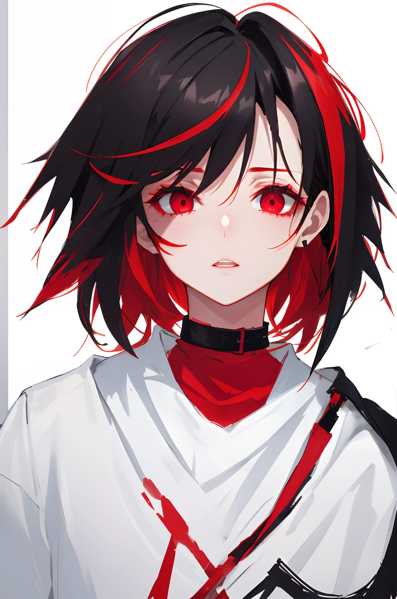Need, exquisitedetails, color difference, 1girll, short detailed hair, brunette color hair, messy  hair, red highlights,  red eyes, sharp sharp eyes, choker necklace, Neon shirt, Torn tights, Open blazer ，with a pure white background，minimalistic background