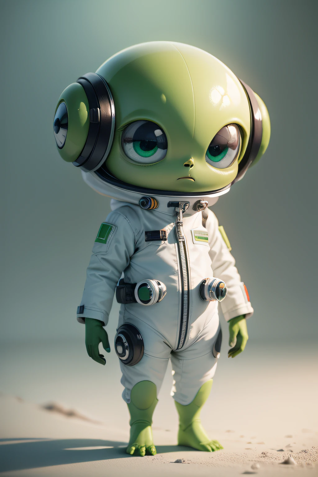 Construct the image of a little alien with green skin and big eyes，It's lovely，Looks like an explorer，Wearing a white spacesuit，，are standing，villain