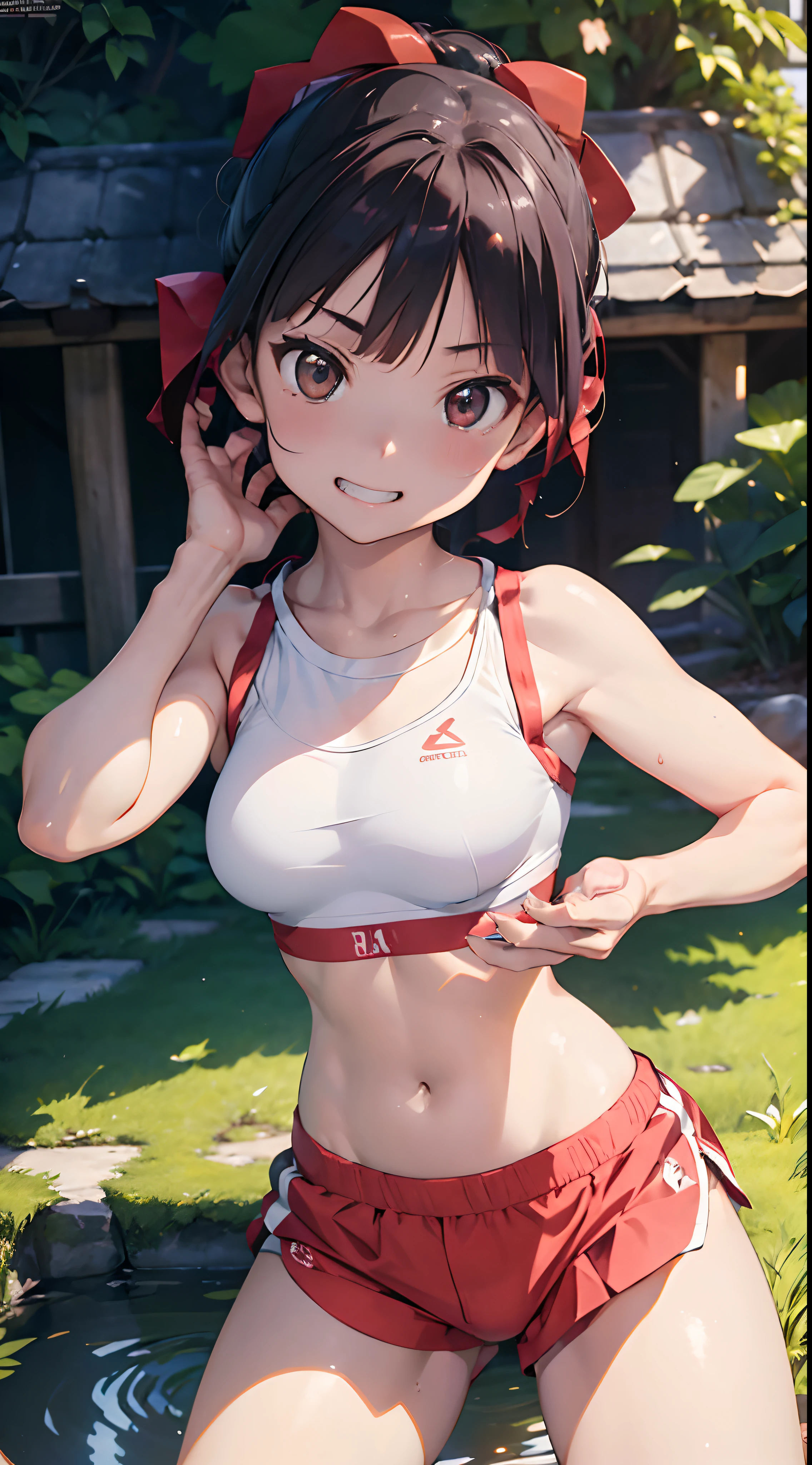 One lady,,japanes,(((White Sports Bra,Red shorts))),Full body portrait,,Wet with sweat,A smile,,((()))High quality, detail, Depth and finesse。stares at the camera。Use of fisheye lenses、Beast hairstyle ban、Maintain finger shape、impact-resistanthigh-quality, detail, Depth and 3D effects。Worthy of 16k wallpapers。The texture of the material changes.、Realistic expression.。Official art。Natural light,((Realism: 1.2)), dynamic far view shot,Cinematic lighting, Perfect composition, by sumic.Has a small, ultra-detailliert, Official art, masutepiece, (Best Quality:1.3), glint, Highly detailed CG Unity 16K wallpaper, Detailed background, masutepiece, Best Quality, (masutepiece), (Best Quality:1.4), (超A high resolution:1.2), (hyper realisitic:1.4), (Photorealistic:1.2), Best Quality, High quality, hight resolution, Detail Enhancement,((())((()))