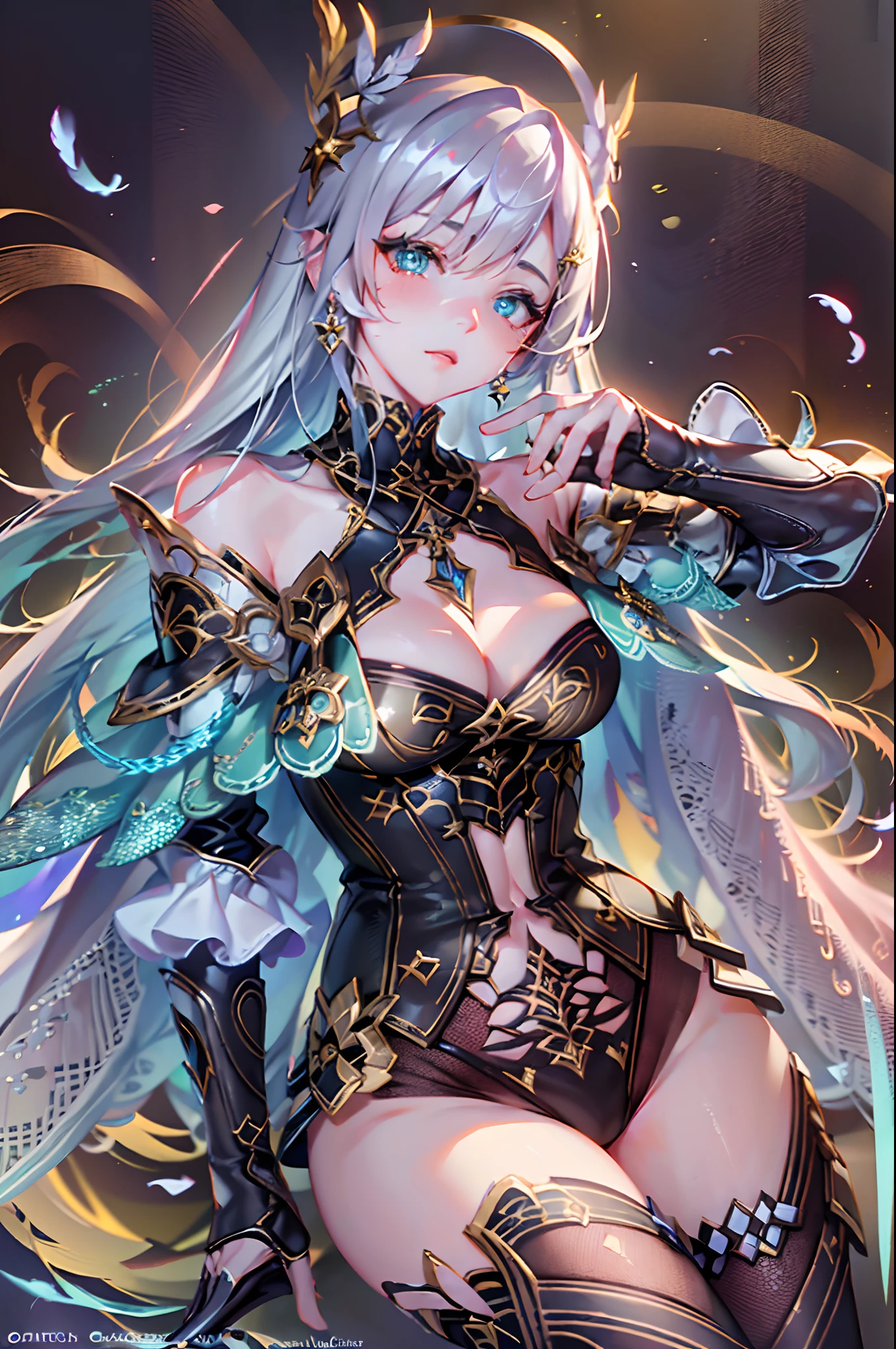 (Official art、Best Quality、Unity 8k Wallpapers、32K、masterpiece、ultra-detailliert、超A high resolution、The best illustrations、Very ridiculous:1.2)、(Cinematic lighting:1.2)、Fireglow effect、film grains、Best Shadows、Rim lighting、side lights、(Ultra-detailed and complex 3D rendering)、Detailed beautiful face and eyes、Sharp pupils、Realistic pupils、A slender、1Man Woman、Medium bust、(Full body:1.2)、 beauitful face、-yeld beiful girl、(super detailed skin、detailed skin textures:1.3)、(silver blond、Blue-silver hair:1.3)、Paladin、Longhaire、Blunt bangs、Green eyes、Braids、(Blue Armor、Blue Boots、hair adornments、Jeweled、Gold embroidery)、A slender、a miniskirt、(thighs thighs thighs thighs:0.8)、(chies、in a house、Artistic stained glass、Large pipe organ、Hello Point、Mystical、a lot of feathers float、angelicales、Wings of an angel on the back、Particles of light、solemnity、Sunlight is、colourfull、Fantastical:1.2)、(Fantastical:1.3)、(Holding the Holy Sword:1.0)、Fantastical、