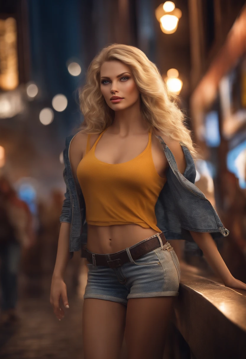 gorgeous woman with extra long wavy blonde hair, detailed alluring eyes, long sexy legs, wearing tiny shorts, t-shirt, ((detailed facial features)), (finely detailed skin), pale skin, realistic skin texture, extreme skin details, (pores:0.1), in the background beautiful futuristic cyberpunk city, best quality masterpiece, photorealistic, hyperrealistic, detailed, 8k, HDR, (Soft color: 1.2), shallow depth of field, broad light, high contrast, backlighting, bloom, light sparkles, chromatic aberration, sharp focus, RAW color photo