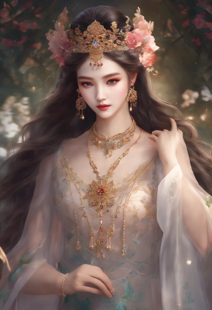 1girl, long_hair, portrait, upper body, china transparent silk dress, dress, hair ornament, necklace, jewelry, long hair, Virgo