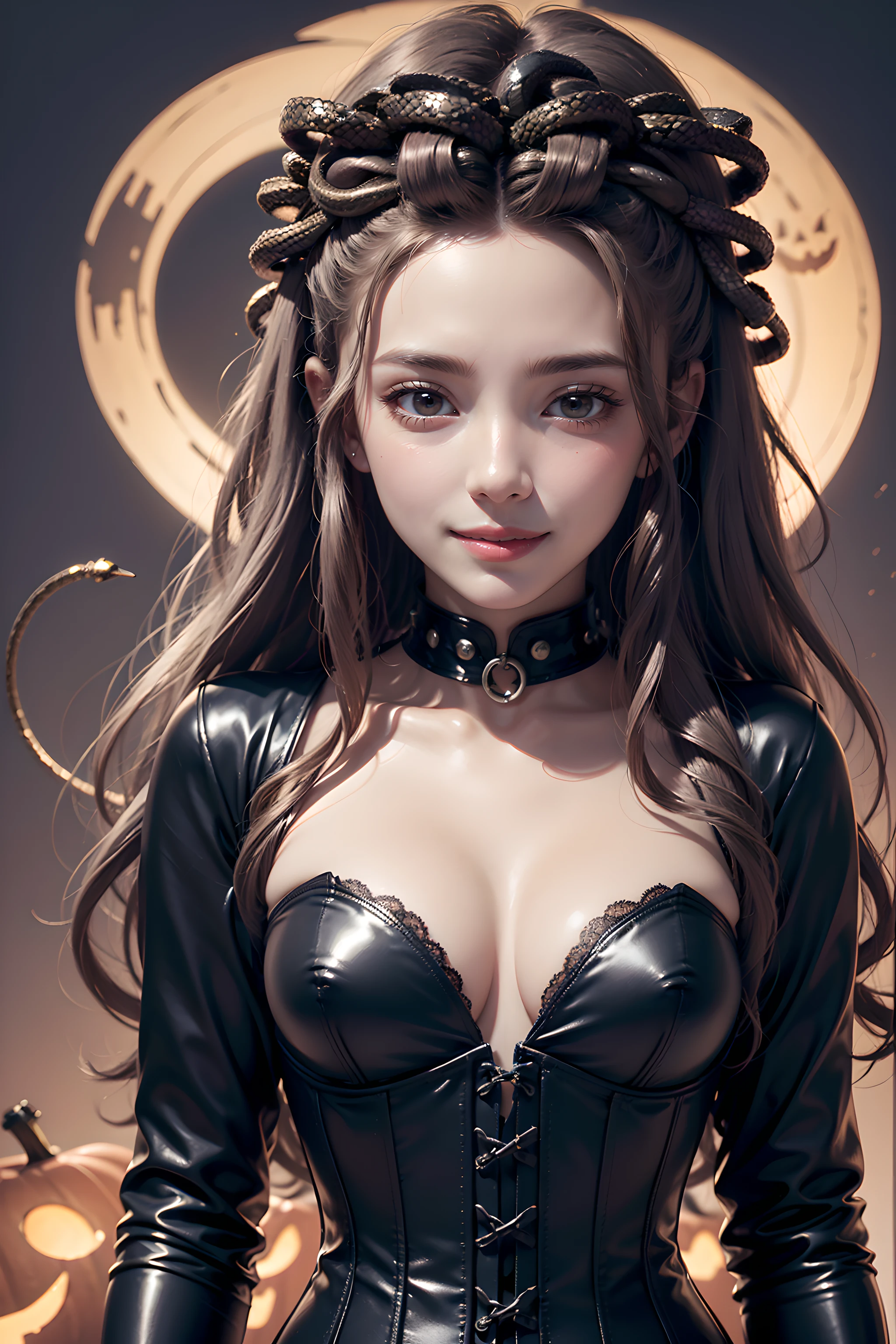 (Halloween theme:1.2), (fantasy:1.2), (dark theme:1.2), (film noir:1.3), monster girls, long hair, snakes, gorgon, snake hair, BREAK, Beautiful illustration, top-quality, (cute Russian medusa girl, white people:1.3, Caucasian:1.3), having medusa features, (medusa:1.5), BREAK, (medusa hair:1.5), (snake hair:1.3), (hair is composed of countless small snakes:1.3), (blue eyes, pale skin:1.1), (beautiful, 20 years old:1.5), slim, slender, (small-medium breasts), clean face:1.3, BREAK, (black elegant full lacy dress), (latex corset), (black latex stockings), (knee-high-over-boots, pin-hells), (insanely detailed clothes), BREAK, arms behind back, arms up on head, blue eyess, lovely thighs、(looking straight at the viewer), (view viewer:1.3), (upper body:1.3), from above, (fairytale:1.3), (Fantasy world halloween background:1.3), (jack O'lantern:1.3), (ghost:1.3), (playing ghost and jack O'lantern:1.3),