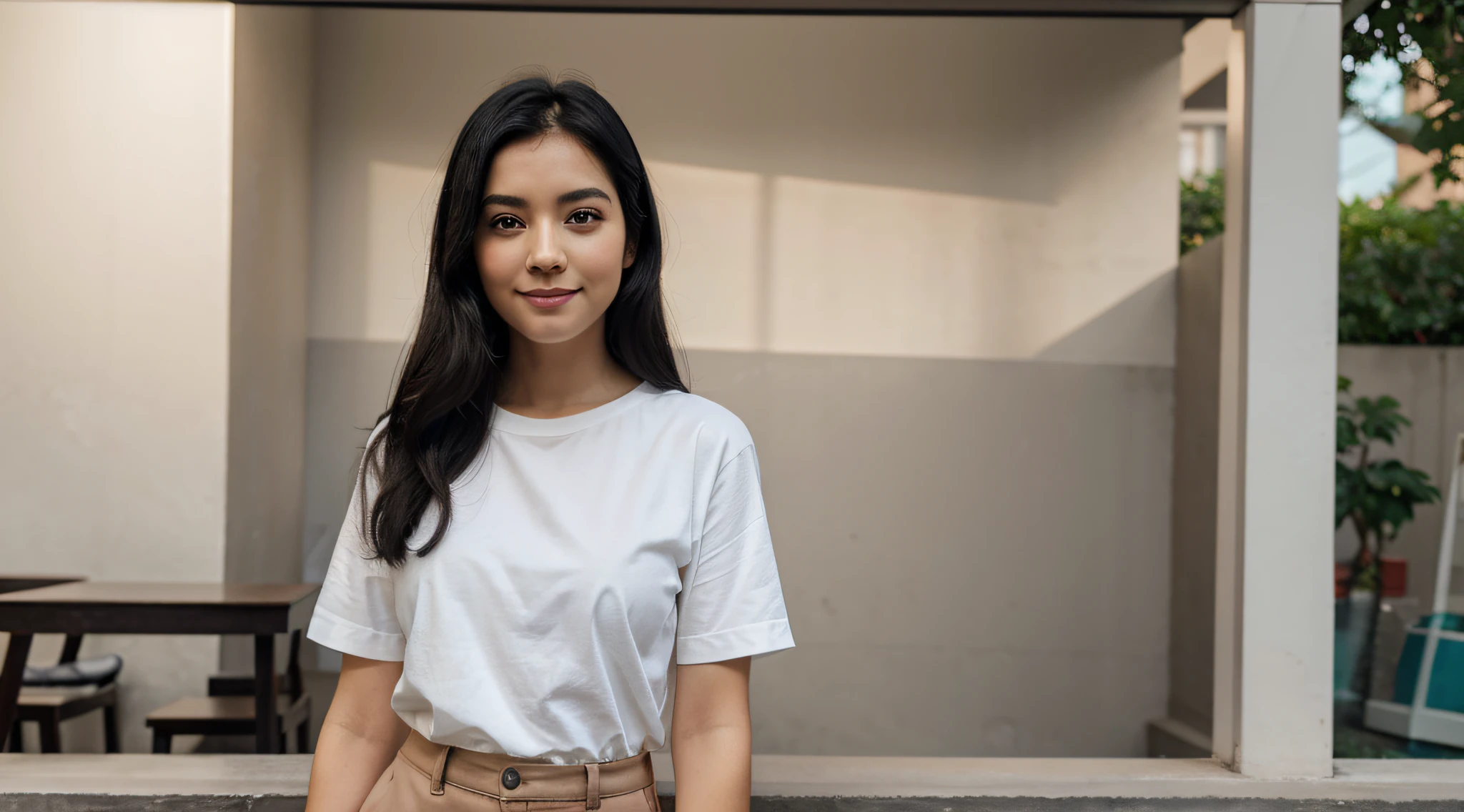 portrait of a cute influencer ,standing , full body , black hair, standing correctly , long eyelashes, upper body, solid circle eyes, small nose , light smile, facing viewer, drop shadow, 8k, super detail, best quality, 1080P, 1080P, 1080P, 4K, 8k, 16k, HD, 1080P