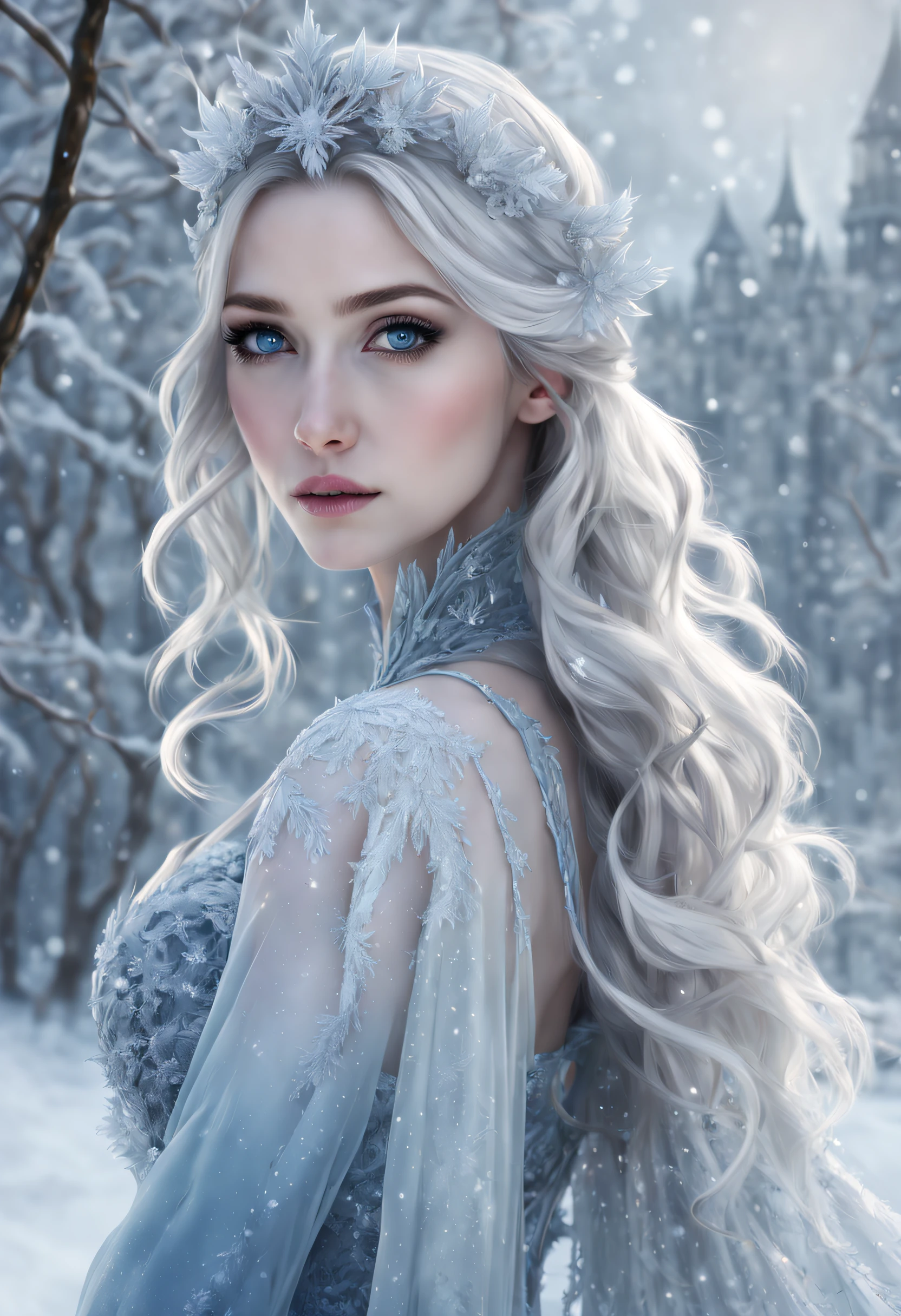 (frost,ice queen),(best quality,4k,8k,highres,masterpiece:1.2),ultra-detailed,(realistic,photorealistic,photo-realistic:1.37),(cold,icy,cooling,freezing,frigid:0.9),(mysterious,ethereal),(elegant,graceful),(winter,wonderland),(castle,crystal palace),(glittering,sparkling,shimmering:1.1),(snowflakes),(long flowing hair),(pale skin),(blue eyes),(frost crown),(icy breath),(snow-covered landscape),(snowstorm),(frozen trees),(frozen flowers),(magical),(mesmerizing),(silvery)(portrait),(subtle,soft lighting),(faint,delicate,subdued colors)