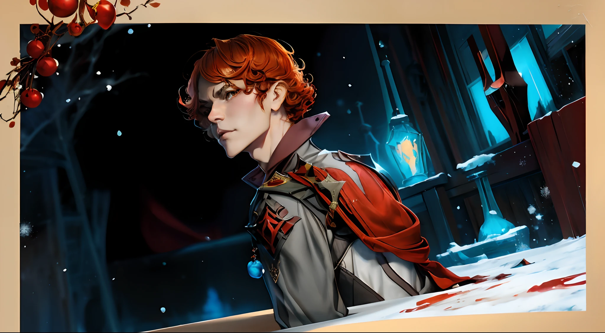 Painting depicting a person, dressed in a red coat and a red scarf, Winter concept art, artwork in the style of guweiz, inspired by Magali Villeneuve, based on Ivan Kramskoy, Anton Fadeev, tuomas korpi and wlop, Yang J, inspired by Andrei Ryabushkin, with red berries and icicles,Curly bob hair,redhead hair