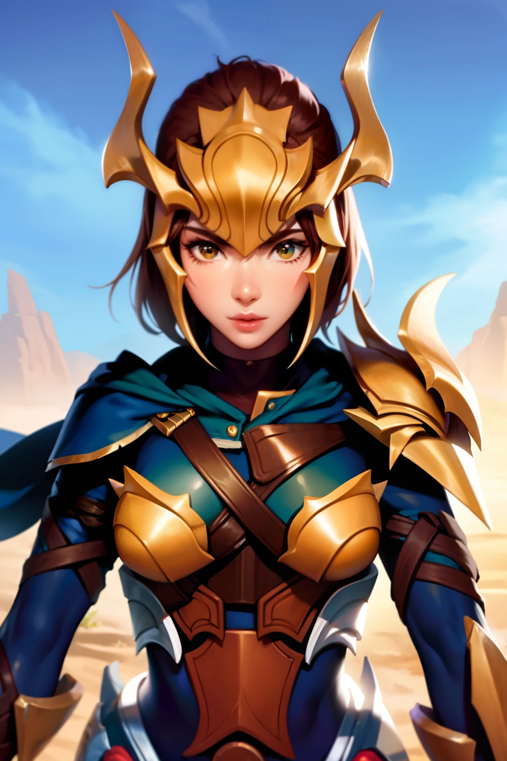 (master part, best quality:1.2), Quinn \(Liga das Lendas\), 1girl, armadura, capacete, cabo, breastplate, Brown hair, short hair, parte superior do corpo, ao ar livre, surprise face,