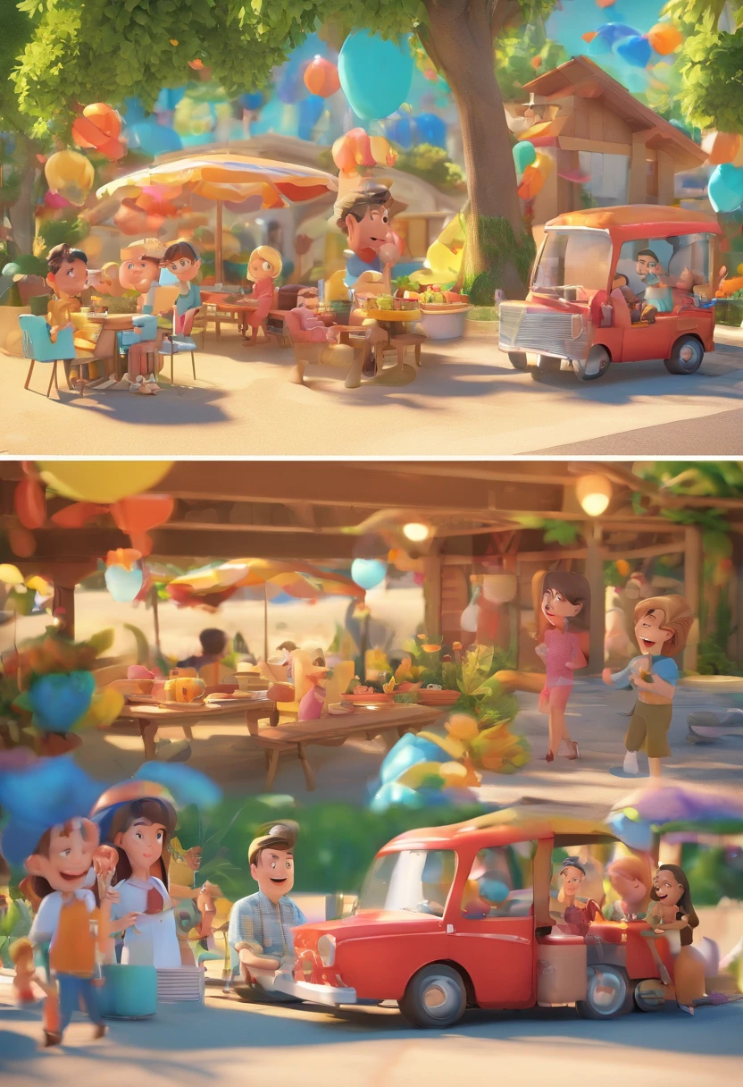 Cartoon of employees having fun together, having picnic, vacation, Employee Day, 3D animated movie poster, a poster for the anime film, pixar 3 d animation style, Pixar render, Maya 8000, Animated Movies, disney pixar 3d style, Light blue shirt, Cream brown pants, employee uniform, En plein air, vacation, Disney Pixar animated poster