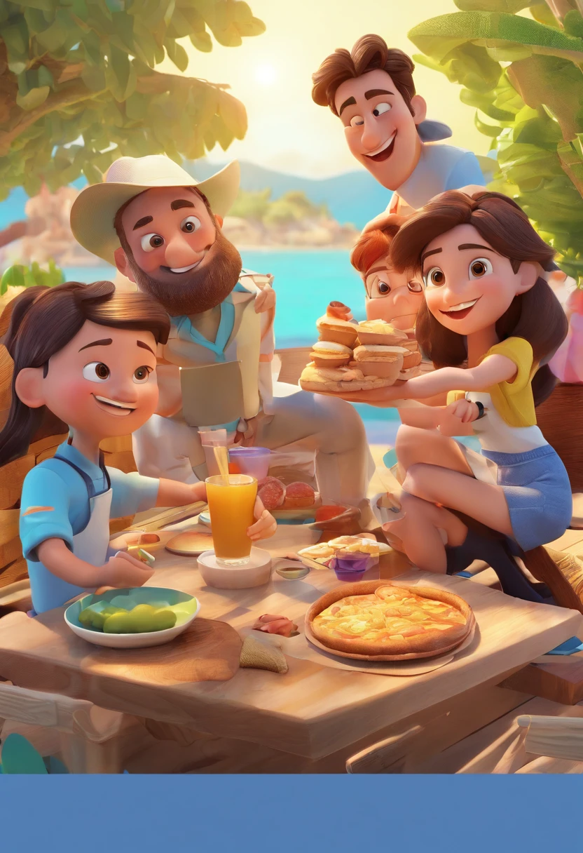 Cartoon of employees having fun together, having picnic, vacation, Employee Day, 3D animated movie poster, a poster for the anime film, pixar 3 d animation style, Pixar render, Maya 8000, Animated Movies, disney pixar 3d style, Light blue shirt, Cream brown pants, employee uniform, En plein air, vacation, Disney Pixar animated poster