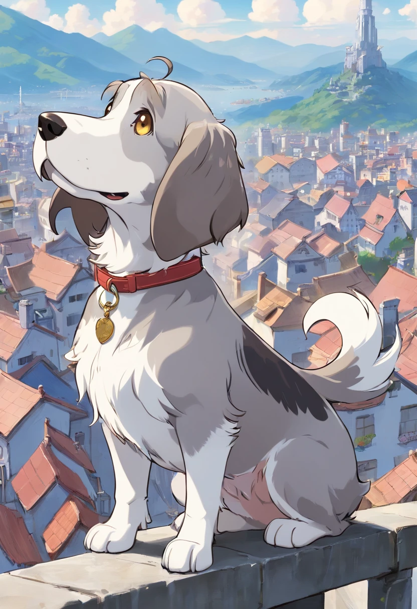 Gray and white petite basset griffon bandane The body of the dog is white The color of the dog's ears and tail has a gray color European-style cityscape Mountains behind々The slope that can be seen