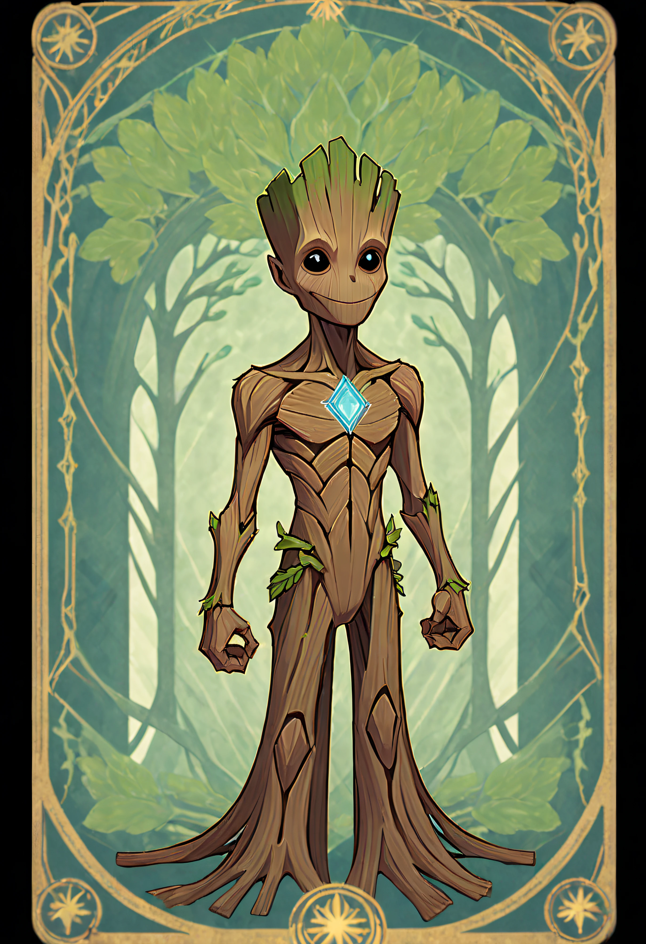 1 Groot, From the American comic book superhero, Full body standing painting, (((独奏))), Clear facial features, Simple line design, ((tarot card background, symmetric beauty)), perfectly symmetrical, The art of symmetry, Standing drawings of characters, ((flatcolors)), tmasterpiece,top Quority,best qualtiy,超高分辨率, ((Clear facial features,beautidful eyes,beauitful face, Exquisite facial features))
