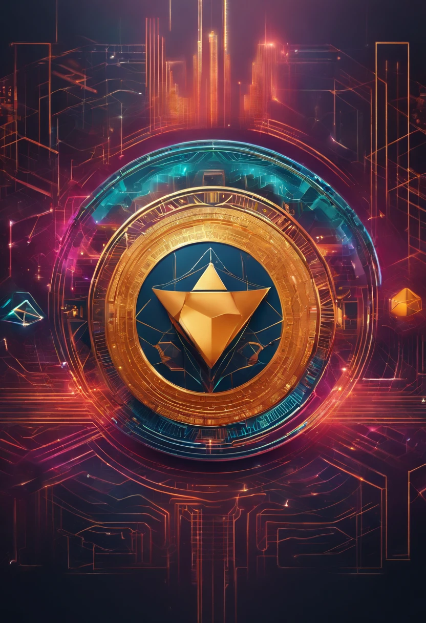 digital art depicting a futuristic representation of cryptocurrency and business concepts, abstract background with geometric shapes, sleek and modern design, vibrant colors, digital illustration, high resolution, 4K, minimalistic aesthetic