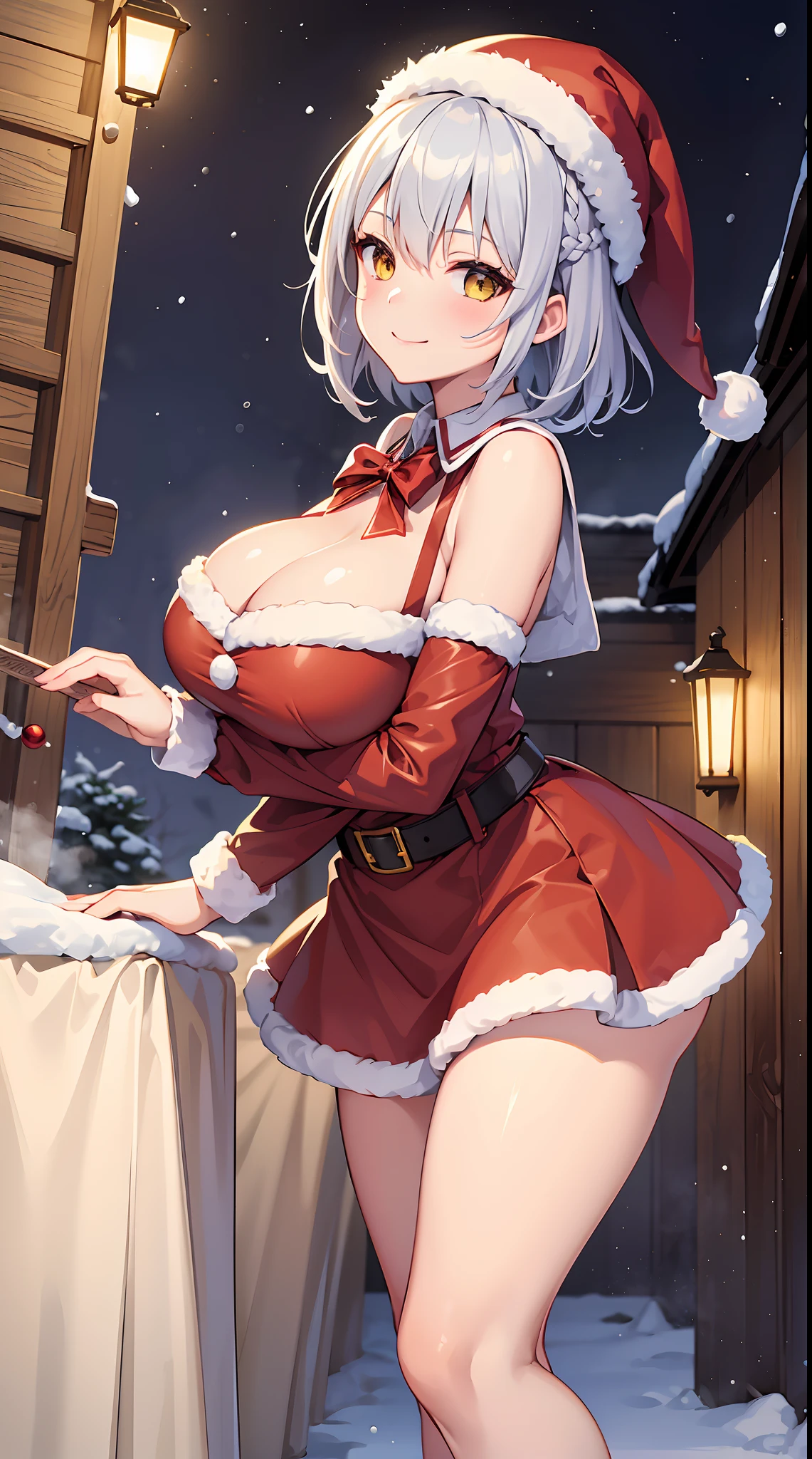 1 girl, game CG, mini Santa Claus costume, Santa Claus hat, gigantic breasts, silver hair, short hair, french braid, yellow eyes, smiling, snow, steam, night, bending over,