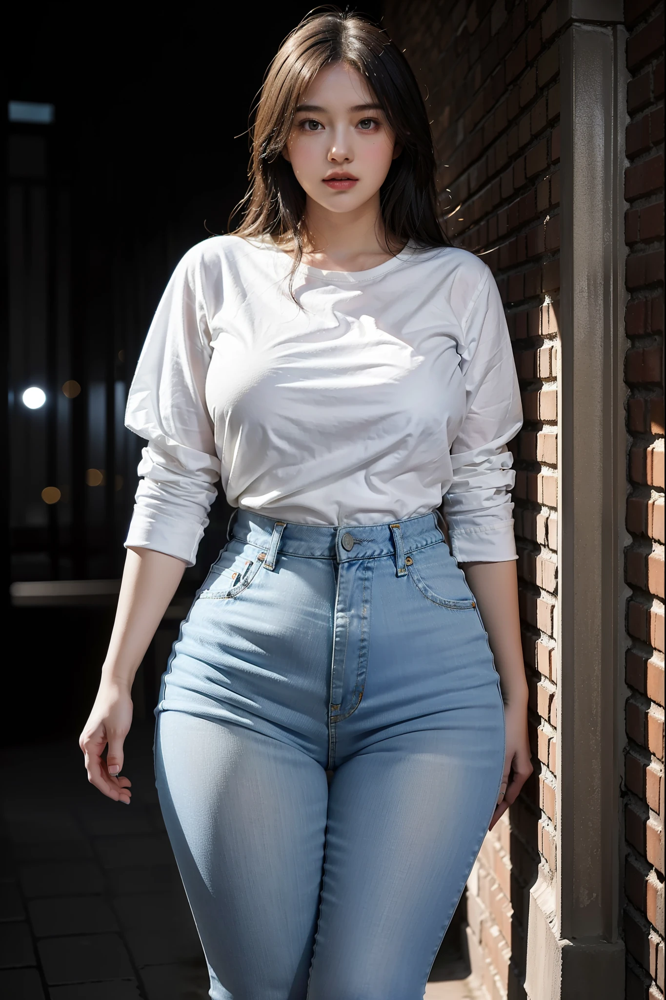 The light is dim,Wearing light blue skinny denim shorts,White color blouse,Plump buttocks,Pear-shaped body,fully body photo,Gray brick walls,In the moonlit alleys at night,Classic art photographs,with details,There are close-ups,