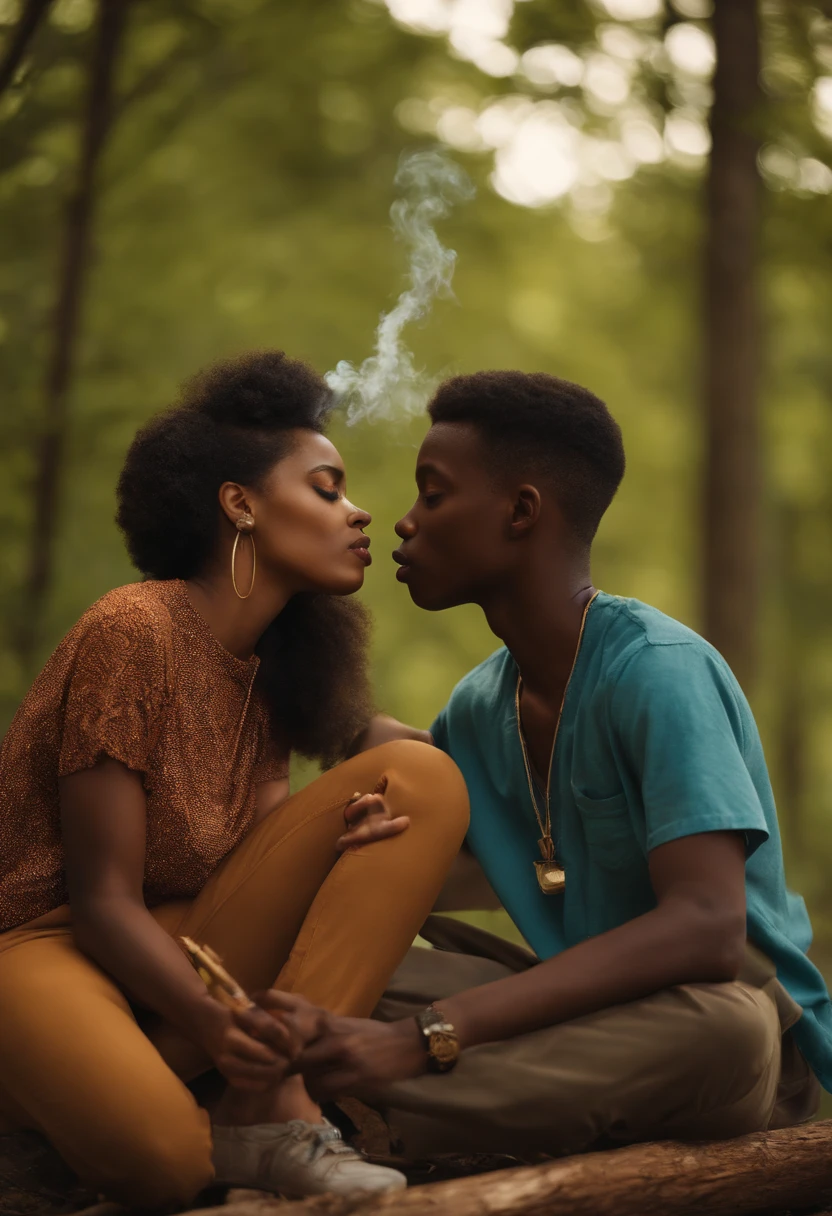 A black female smoking a wood with a black male ager