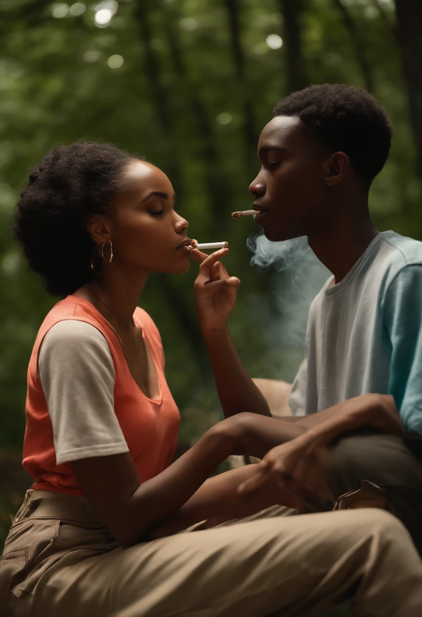 A black female smoking a wood with a black male ager