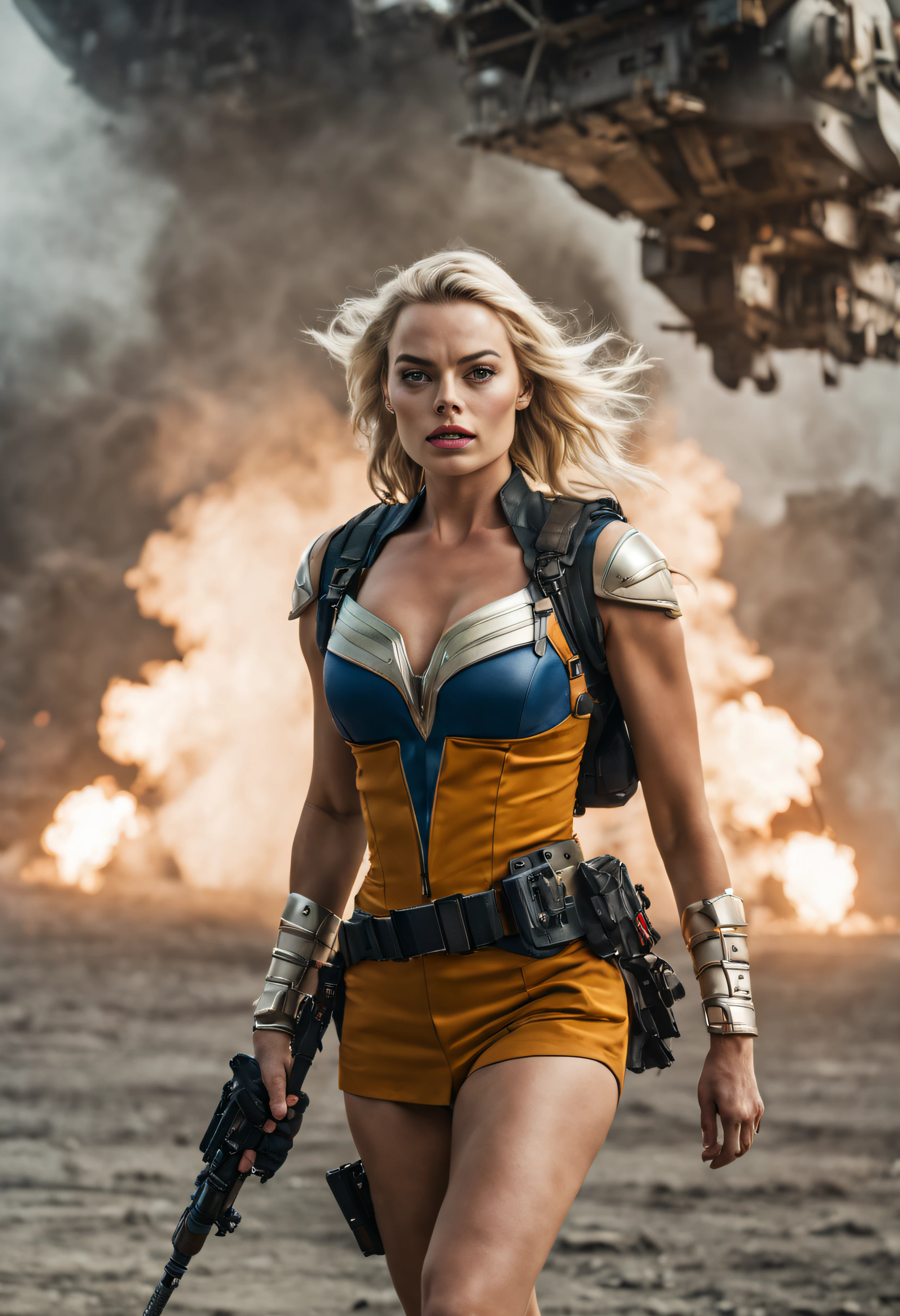 mujer guerrera amazona con minifalda (margot robbie), se encuentra en centro de control de nave espacial, imagen nitida, hiperrealista, 8k
