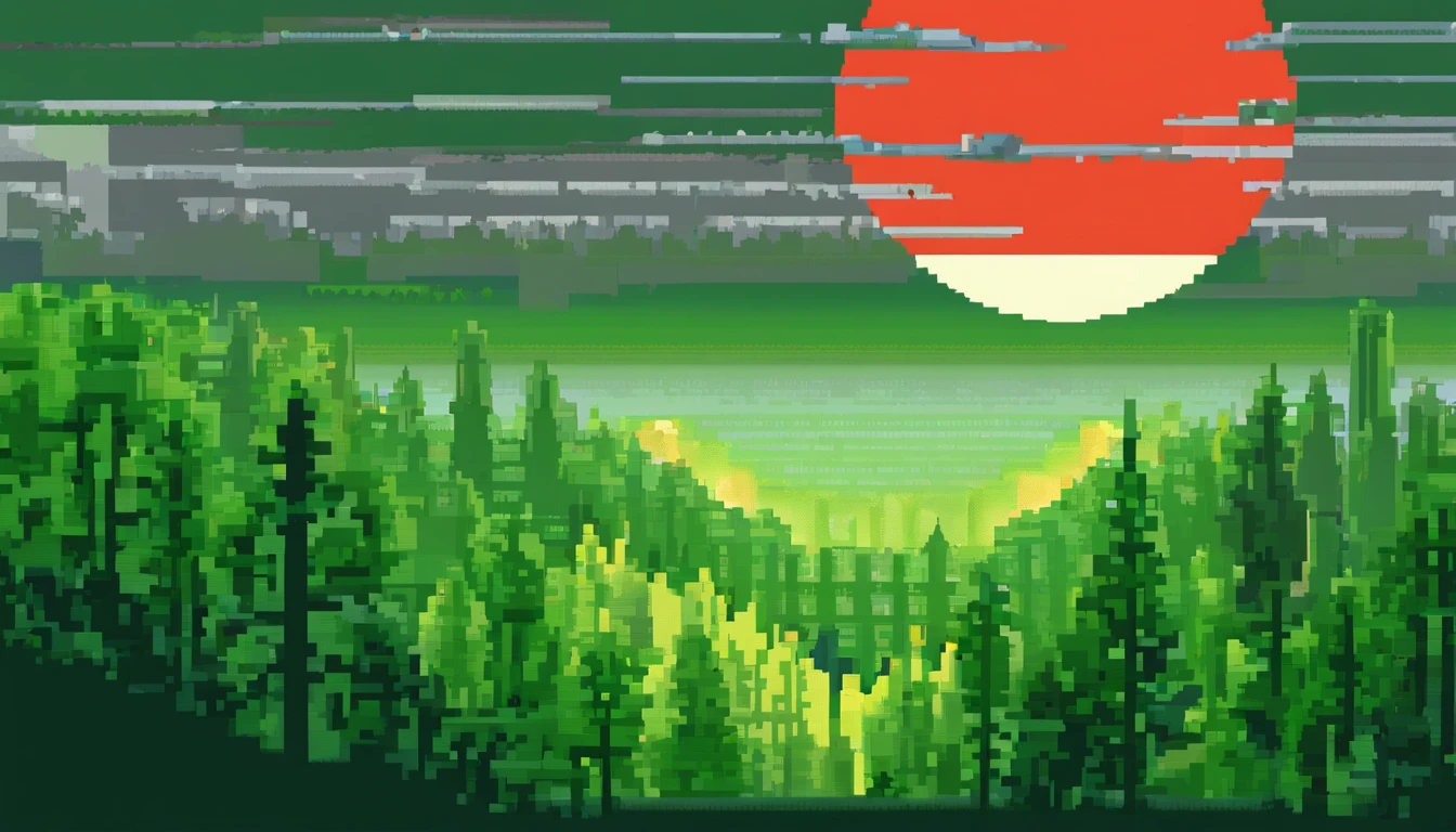 Green forest below, gray Tower on center, Big red Sun