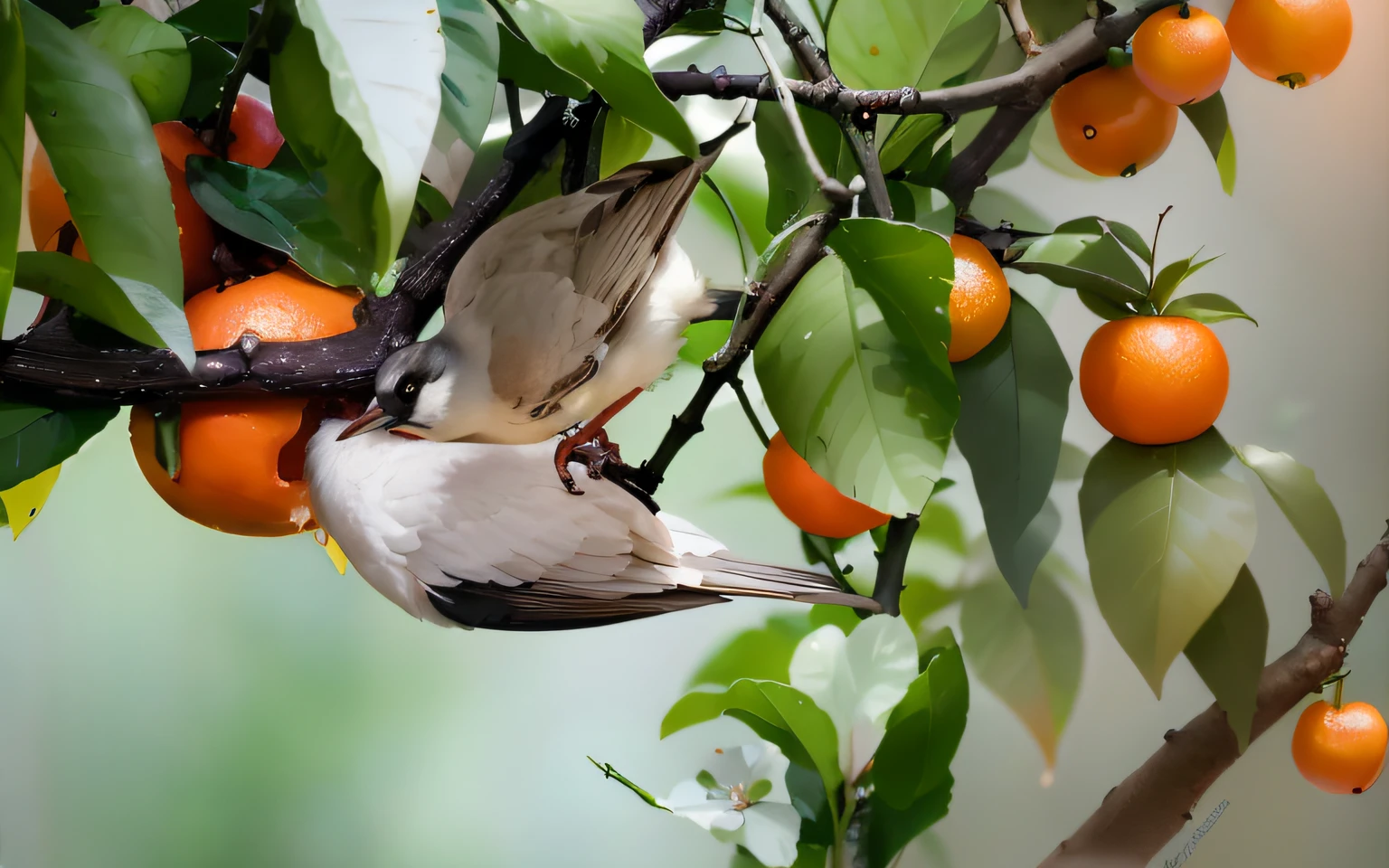 There are two birds sitting on the branches, Birds on cherry trees, with fruit trees, nature photo, Excellent composition, having a snack, close up photograph, Photo taken with Nikon D750, Photo taken with Nikon D 7 5 0, close up photograph, harmony of nature, author:Jan Rustham, kuntilanak on bayan tree, Beautiful photo