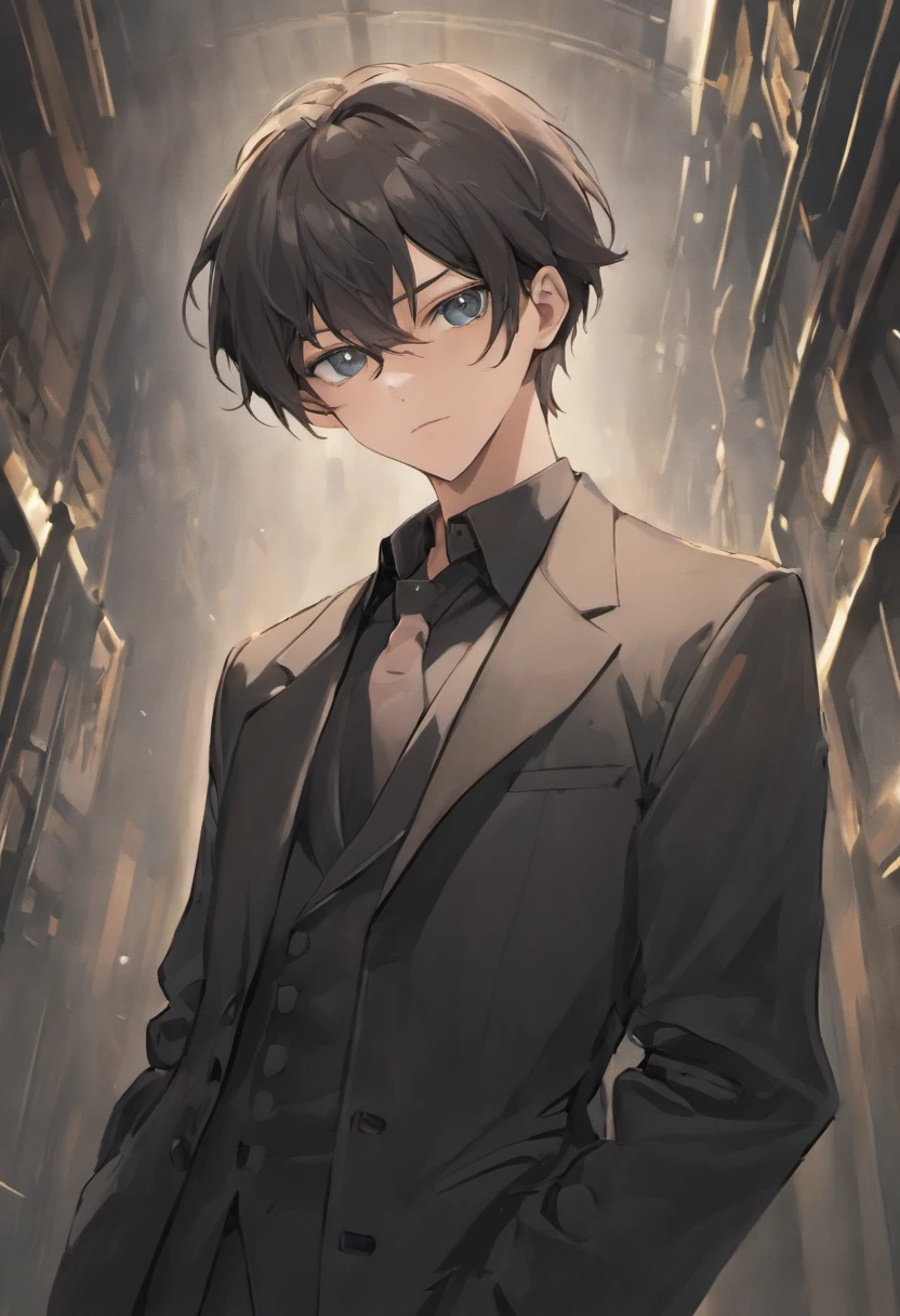 (A high resolution:16：9),Ultra-detailed,フォトリアリスティック,Ultra-clear portrait style,Young male in his twenties,A two-dimensional beautiful man，Exquisite，Pretty big breasts，Brown hair,Silver-gray eyes,Slender and well-proportioned physique,Elegant black shirt,Black trousers,Gray coat,Straight hair at shoulder length,Gentle and melancholy temperament,Artistic,Lonely figure.